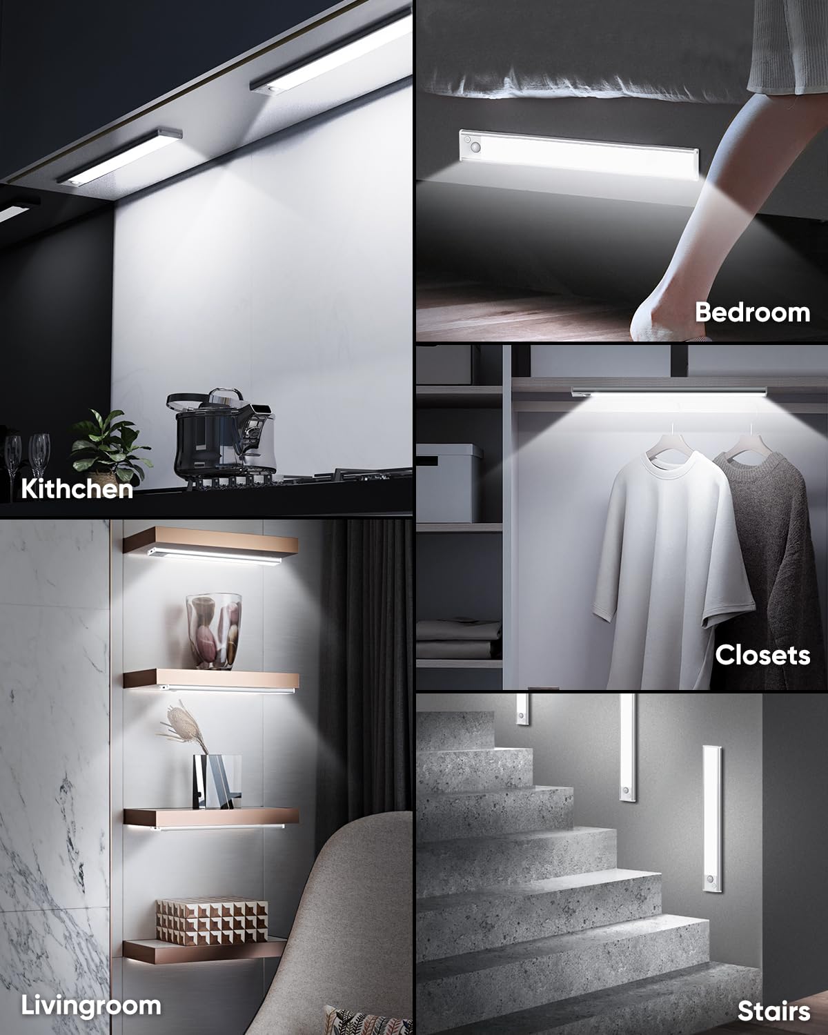 Luces para debajo del gabinete, luz nocturna LED recargable, funciona con pilas, activada por movimiento, para interiores, luces magnéticas regulables de 6500 K, 3200 mAh, luces inalámbricas debajo