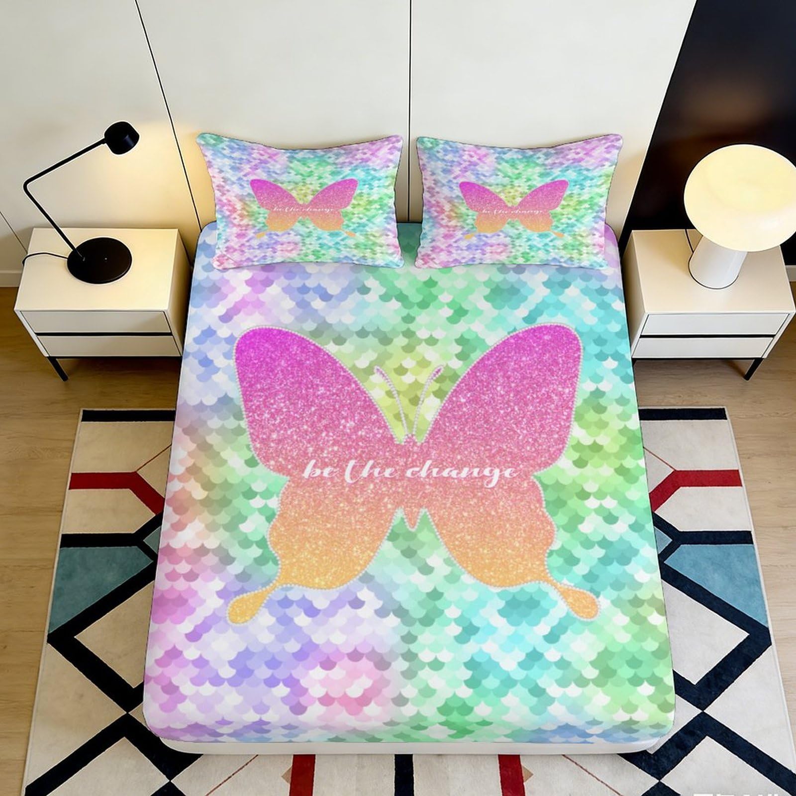 3D Printed Rainbow Butterfly Fitted Sheet Microfiber Soft Pastel Floral Bed Cover for Bedroom Decor Dorm Mattress Protection 90x200x25cm