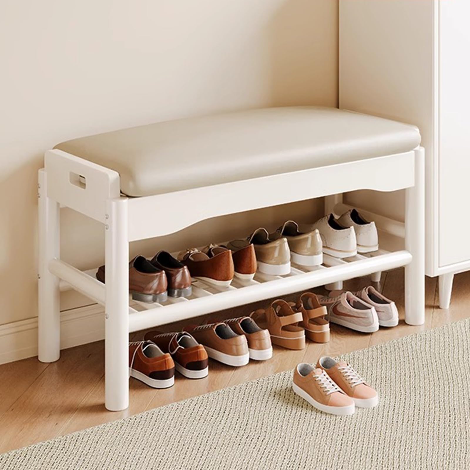 MSHGSKU Wooden Shoe Bench with Storage & Padded Cushion Weatherproof Entryway nizer Stylish Sitting Bench for Living Room Bedroom Hallway Apartment (White 80cm 31)