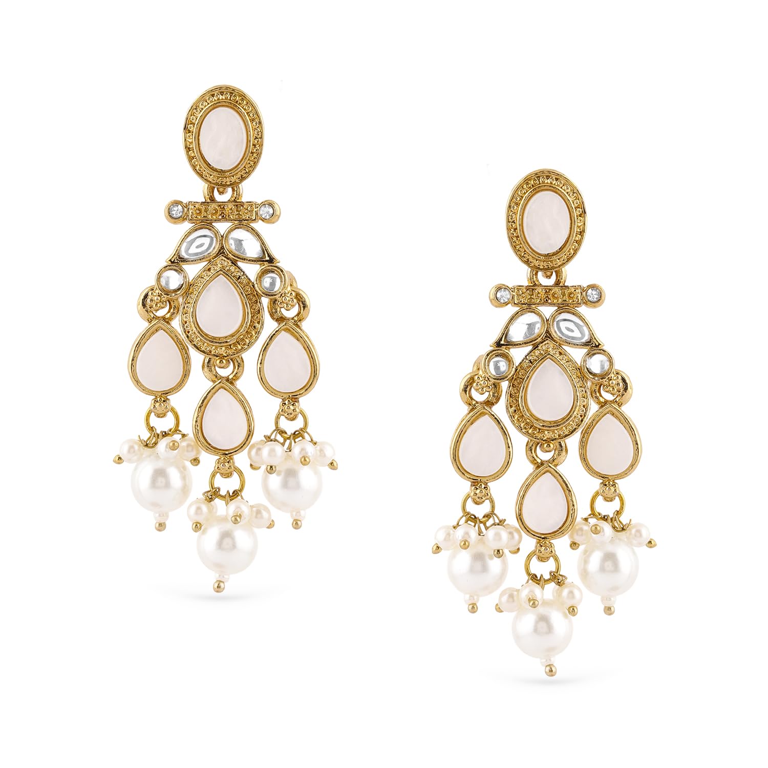 Rubans Gold Plated Kundan Pearl Drop Chandelier Earrings Traditional Festive Jewellery for Women & Girls