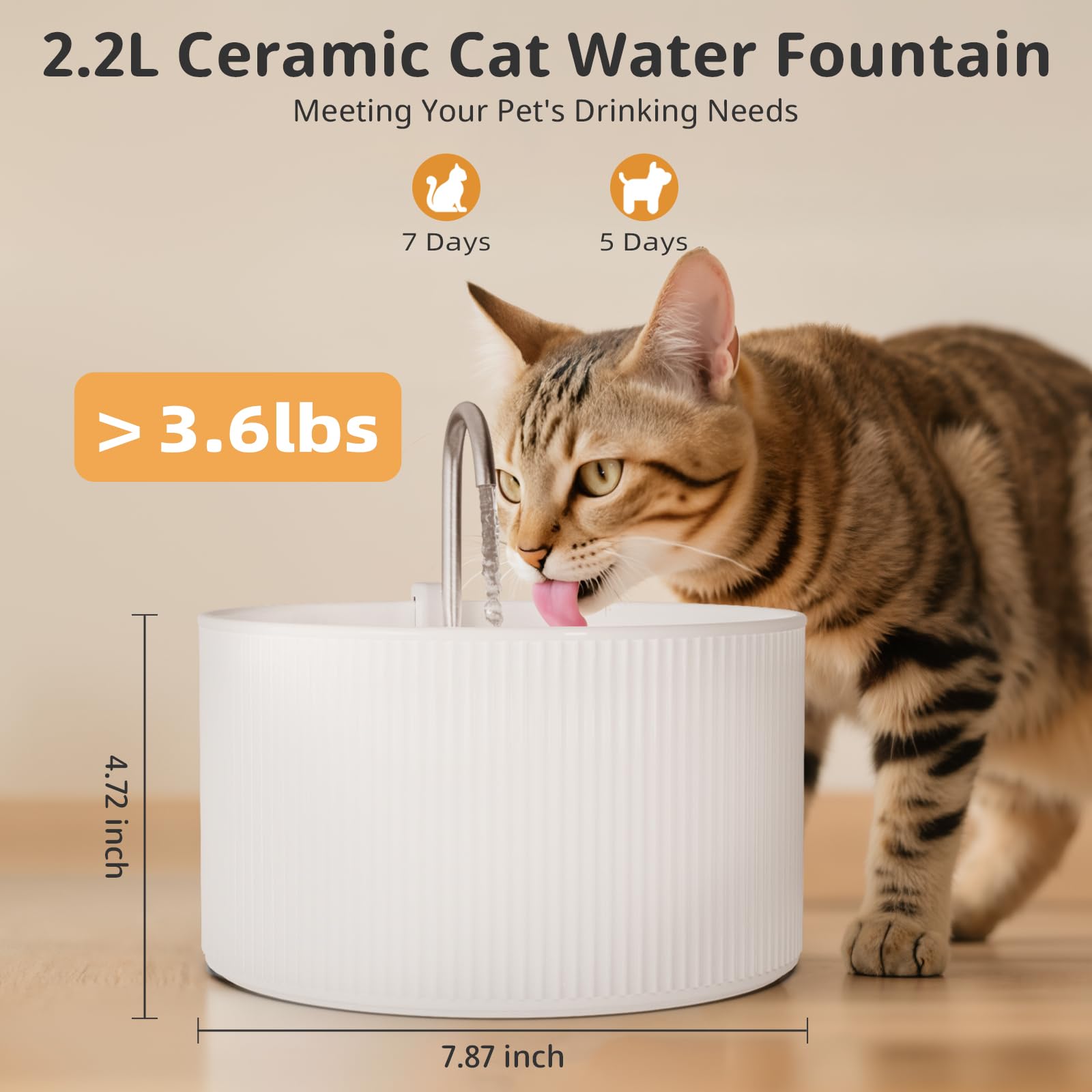 Fuente de agua de cerámica para gatos, fuente de agua automática de cerámica para gatos y perros, para interiores con bomba ultrasilenciosa, filtro y esponja de repuesto (blanco)
