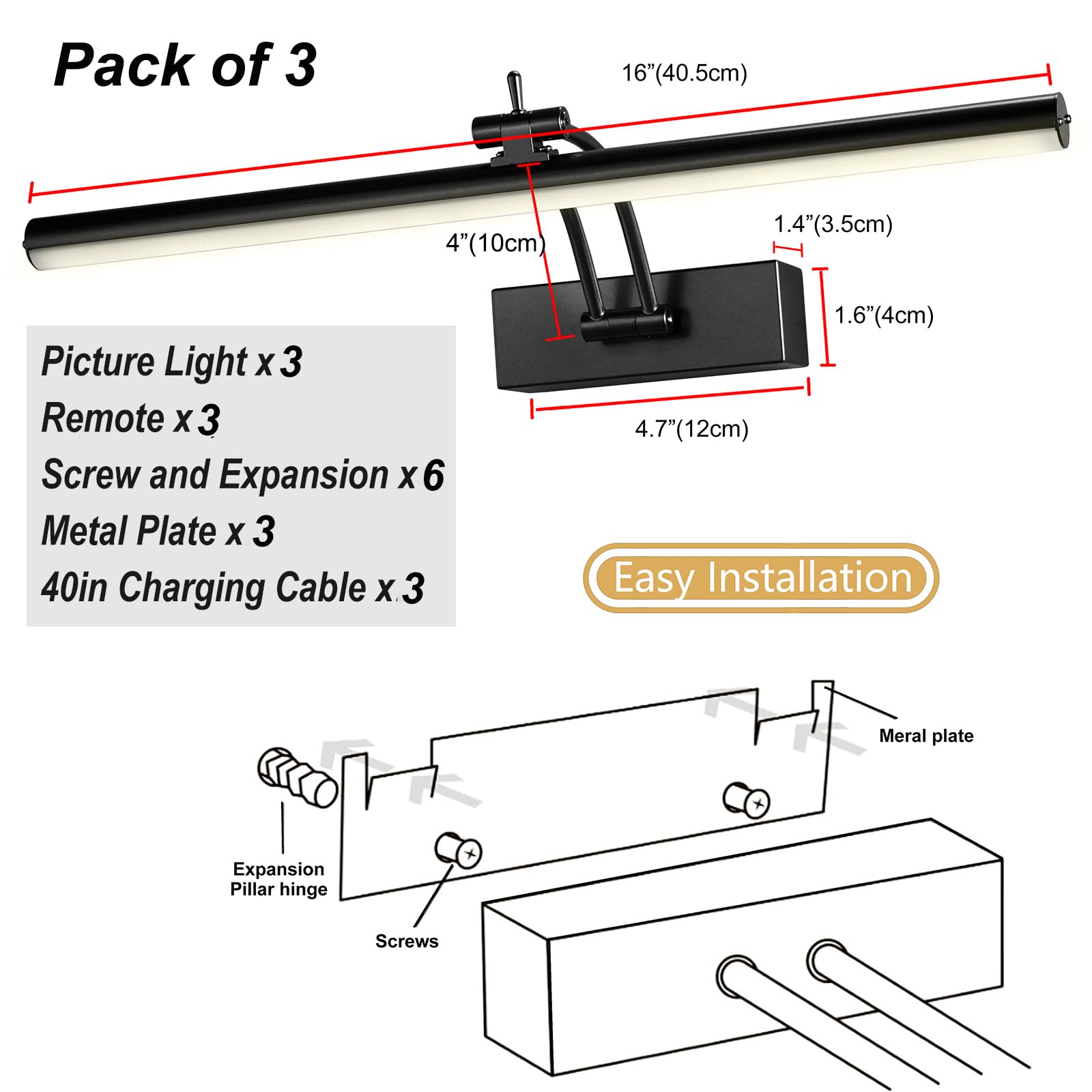 Yuichoy Confezione da 3 luci per foto da parete a batteria, illuminazione artistica wireless da 40,6 cm per pittura, 6 colori con telecomando, dimmerabile 5200 mAh, luce da galleria nera