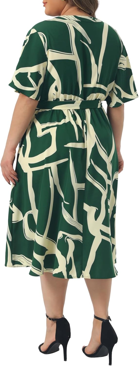 Agnes Orinda Plus Size Dress for Women Short Sleeve Notched V Neck Belt Summer Midi Dresses with Pockets