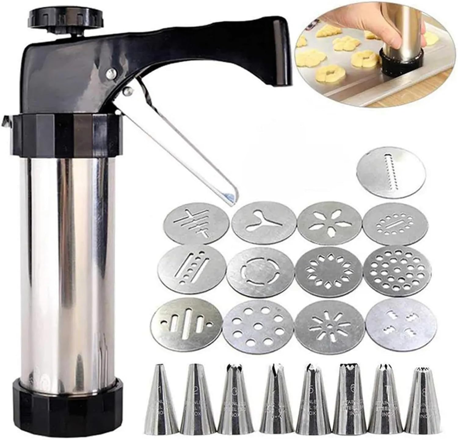 Stainless Steel Cookie Press Gun Kit with 13 Cookie Discs & 8 Icing Nozzles for Baking and Decorating Cookies