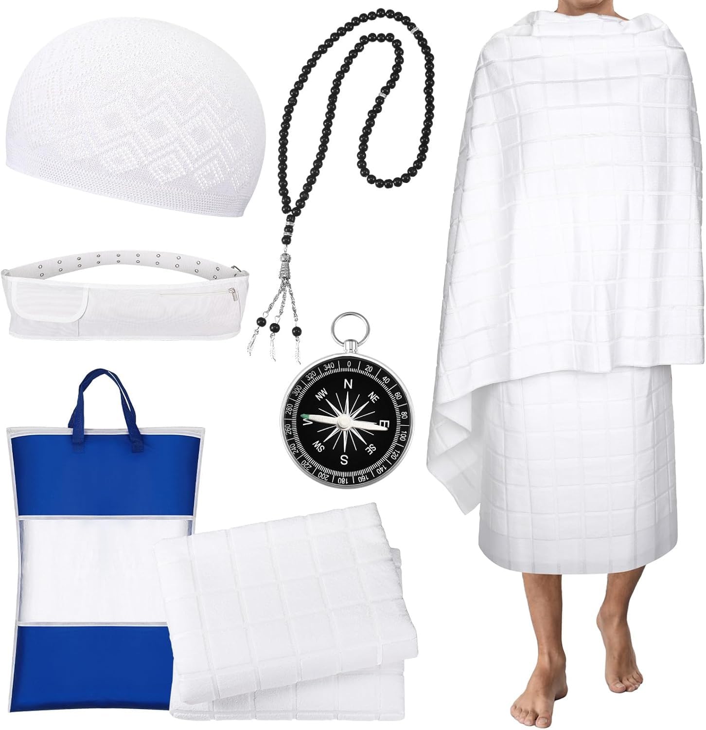ONE BEST DEAL OBD Ihram Set for Umrah and Hajj Men 2-Piece Cotton Hajj Towels Ihram Belt Kufi Cap Tawaf Prayer Beads & Qibla Compass Premium Hajj Essentials Kit for Umrah Gift