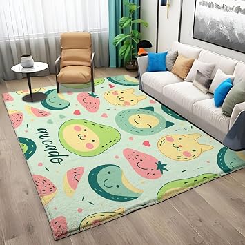 Kawaii Style Rug 2ft x 3ft, Washable Rugs for Bedroom Girls Living Room Entryway Bedside Laundry Room, Cartoon Cute Avocado Strawberry Theme Area Rug Home Decor Non Slip Carpet