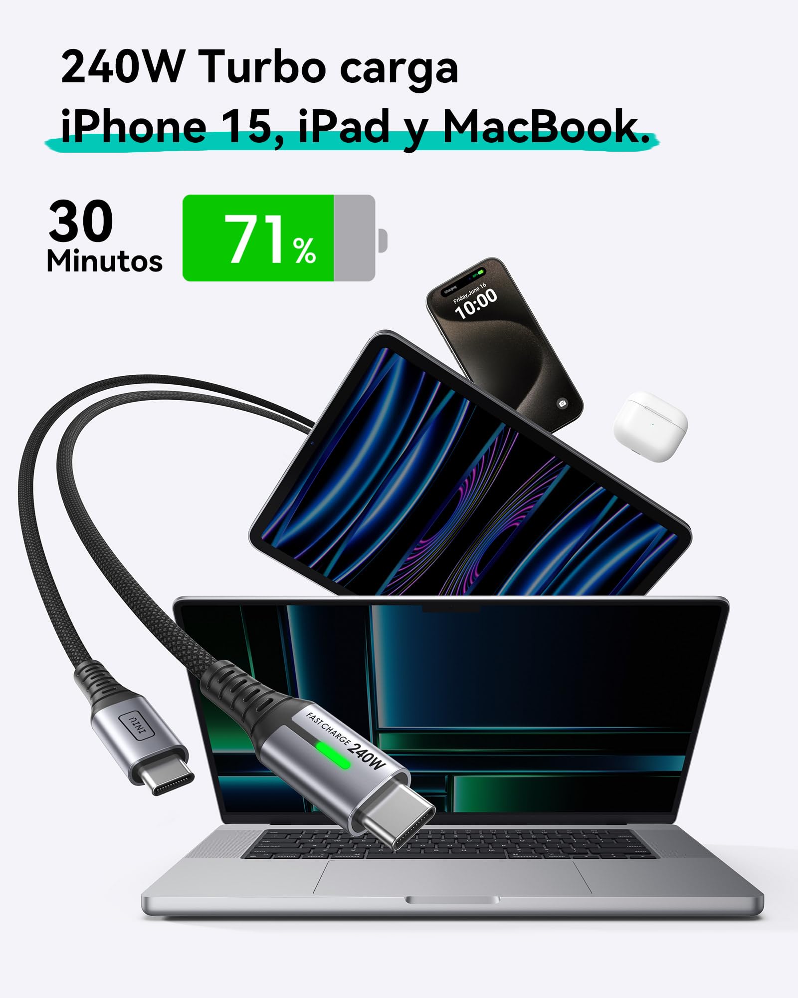 INIU 240W Cable USB C Carga Rapida, [2-Pack 2m] PD3.0 Cable USB C a USB C, Nylon Cable Carga Rapida Tipo C para iPhone 16 15 Pro max, MacBook iPad, Note20, Pixel 7, Dell Laptop Steam Deck, Samsung ecc