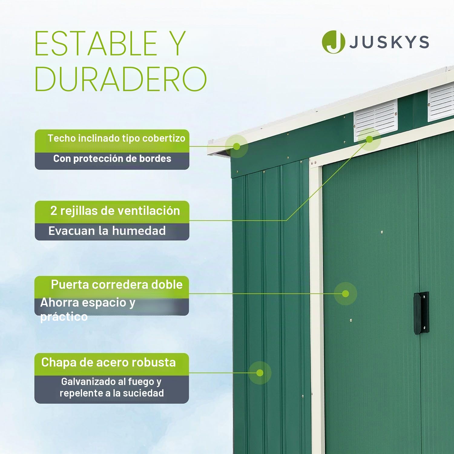 Juskys cobertizo de Metal M 4 m³ con tejado a un Agua, Puerta corredera y Bastidor de cimentación - 213 x 130 x 173 cm - Verde - Caseta para Herramientas de Acero cobertizo de jardín cobertizo