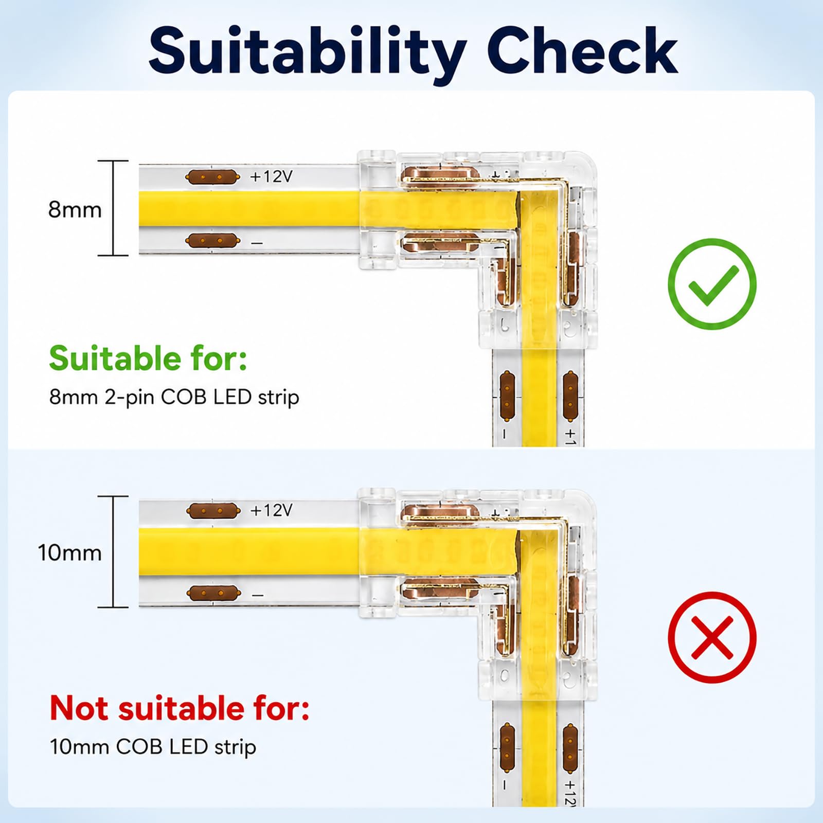 12 Stück COB-LED-Anschluss, 2 Pins, LED-Streifenverbinder, 8 mm, L-Eckverbinder, ohne Löten, für COB-LED-Streifen, Schnellkupplung für Lichtstreifen, einfache Installation, Büro und Beleuchtung