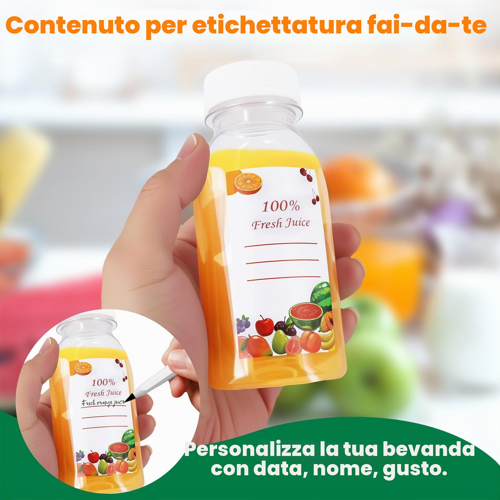 8 Pezzi Bottiglie di Plastica 200ml,Trasparenti Piccole Bottiglie per Bevande con Coperchio Nero e 8 Adesivi,Riutilizzabile Mini Bottiglia di Plastica per Conservare Succhi,Acqua e Bevande