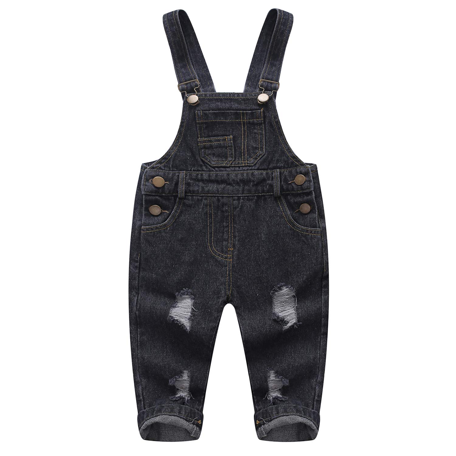 KIDSCOOL SPACE Pure Cotton Blue/Black Baby & Toddlers Ripped Jeans Overalls,Black,18-24 Months