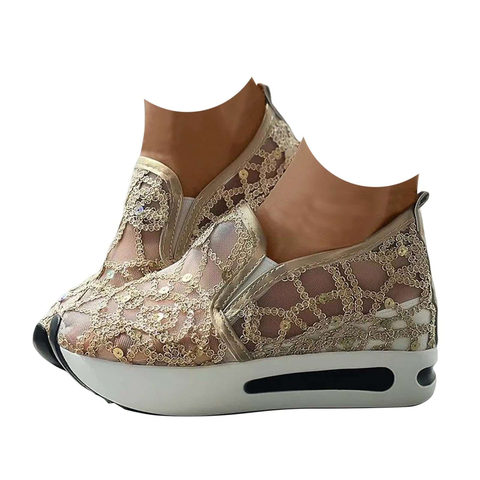 Women's Floral Embroidery Mesh Sneakers Breathable Slip On Wedges Walking Shoes Fashion Sequin Lace Platform Sneakers Hidden Wedge High Top Comfort Work Outdoor Travel Sports Shoes
