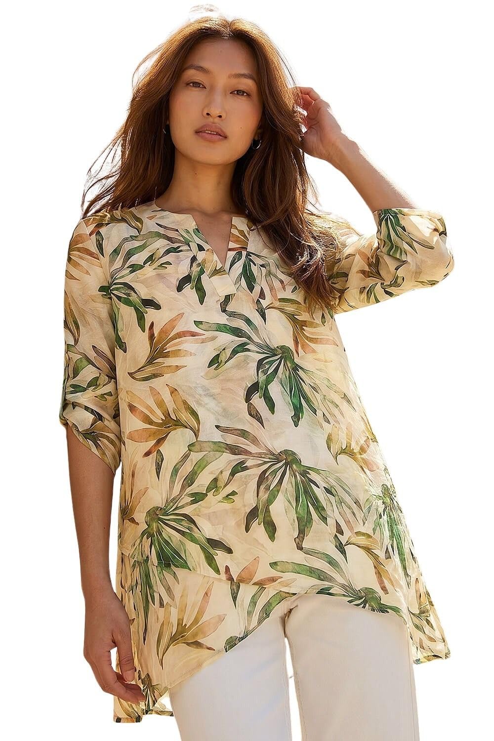 Roman Originals Women's Leaf Emerald Floral Print Tunic Top For Uk Casual Shirt Smart Blouse Asymmetric Wrap Hem Summer Holiday Party Cruise 3/4 Sleeve Longline Oversized - Size 12