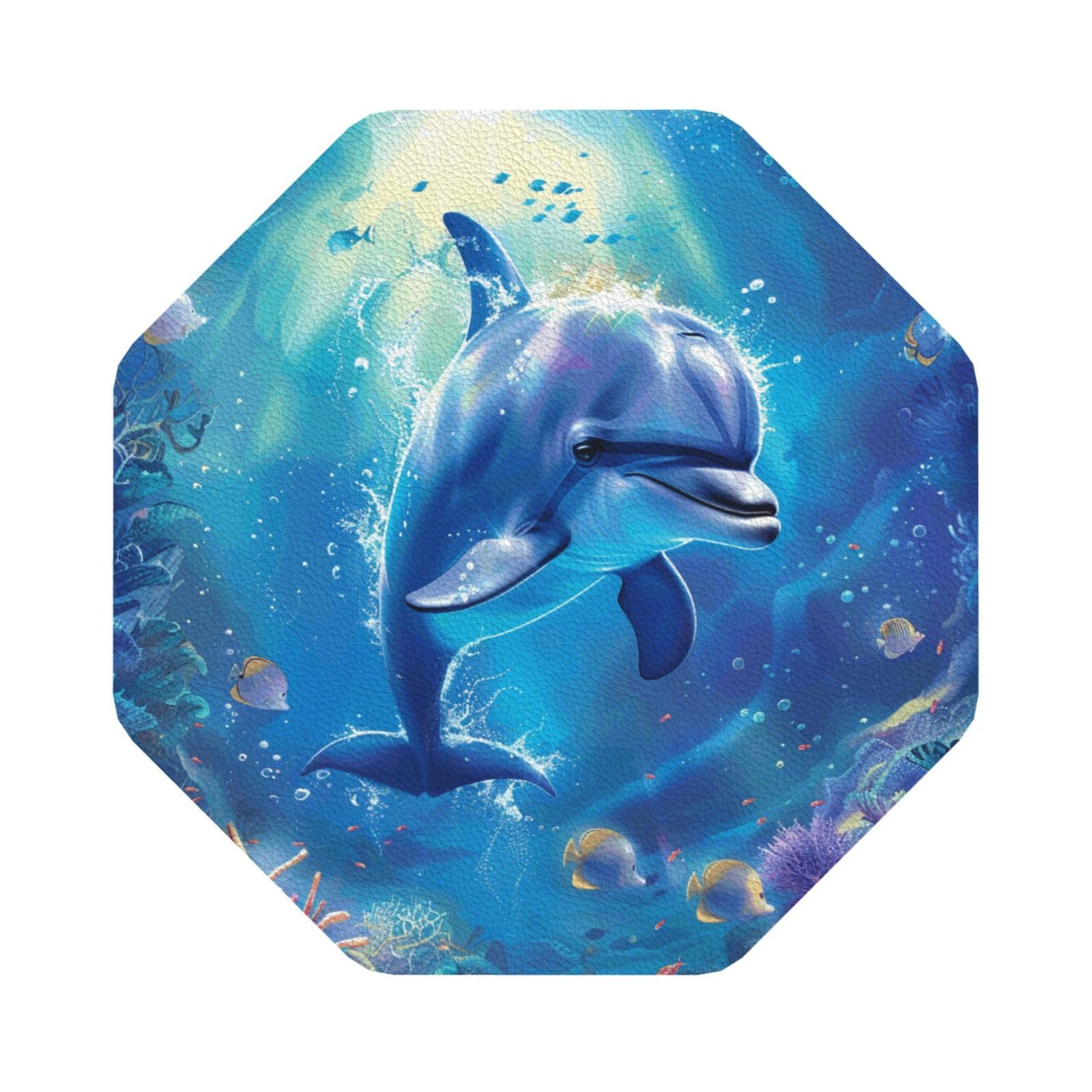 cute Dolphin Print Leather Coaster Set of 6, Octagon Coasters Table Decorative Coffee Cup Beverage Coasters Wine Beer Bar Coasters for Hot Drinks Table Protection