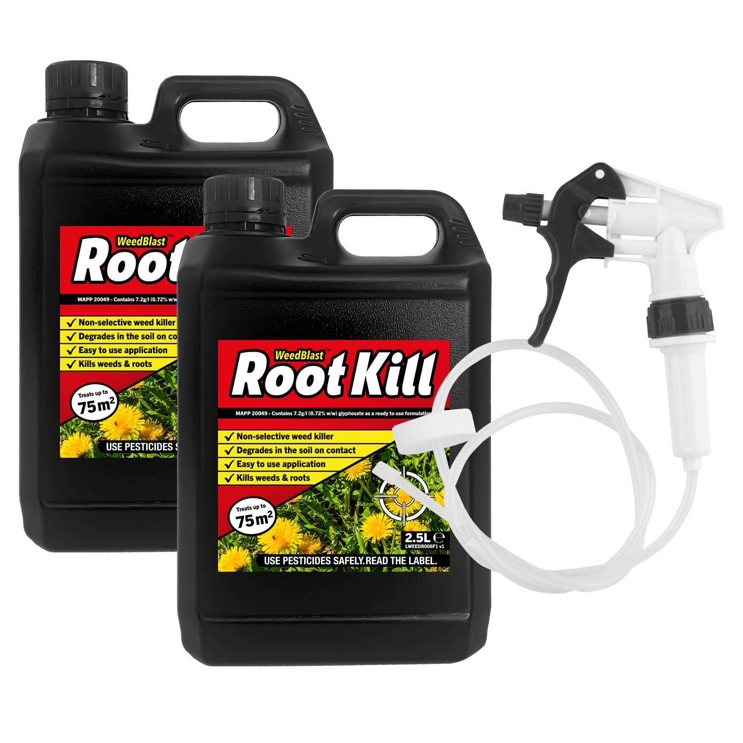 Rootkill Weedkiller 2 x 2.5 Litre, Ready to use Glyphosate Weed Killer, Long Hose Trigger
