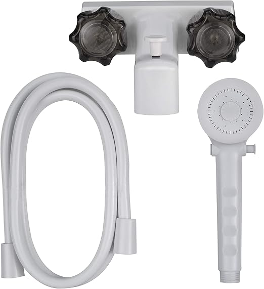 RecPro 4" RV Tub and Shower Diverter Faucet White/Smoke with Handheld Shower Head & Hose