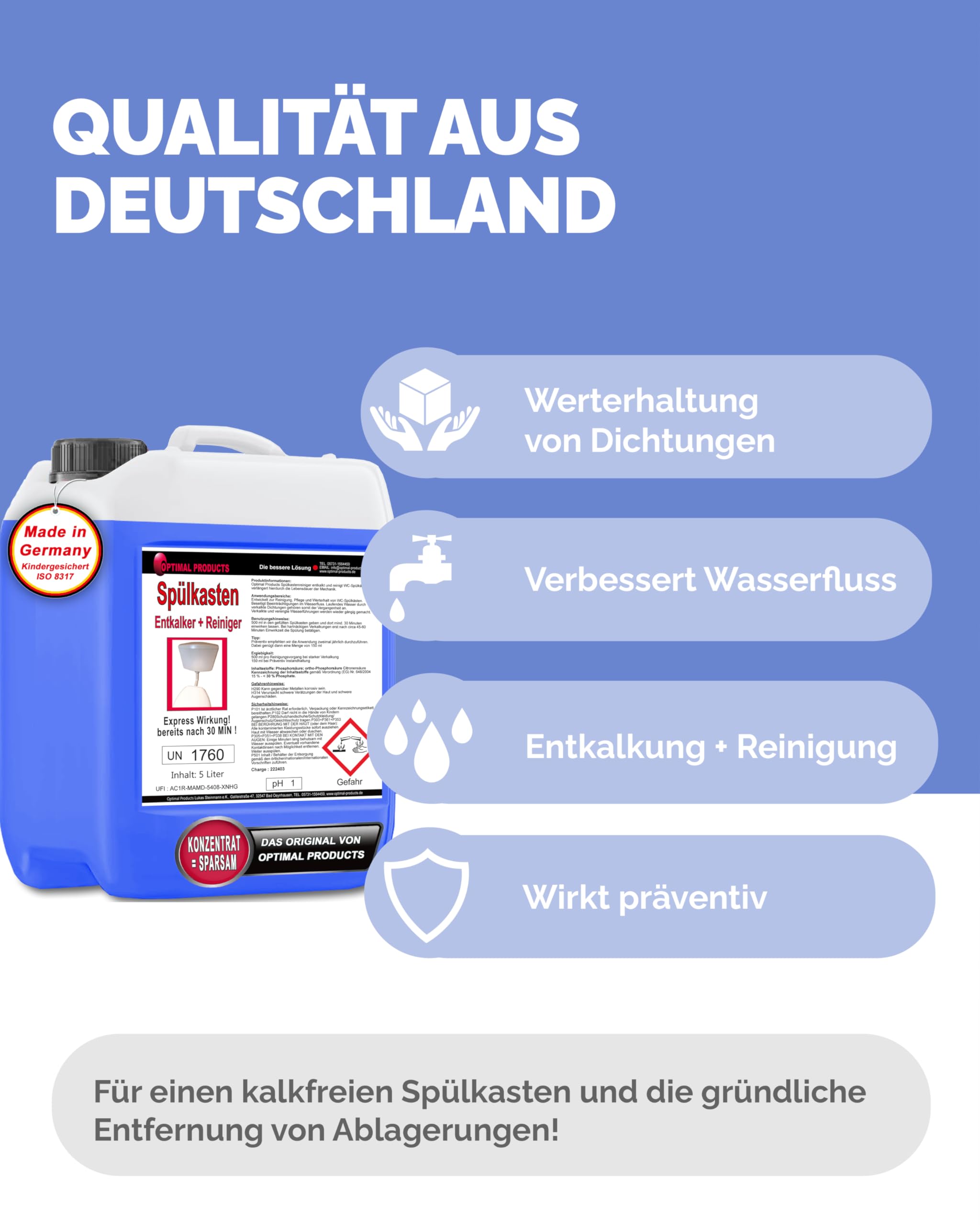 Optimal Products 5 Liter Spülkasten Entkalker mit Express-Wirkung nach 30 Minuten, 2 in 1 - Löst Kalk und reinigt den WC-Spülkasten