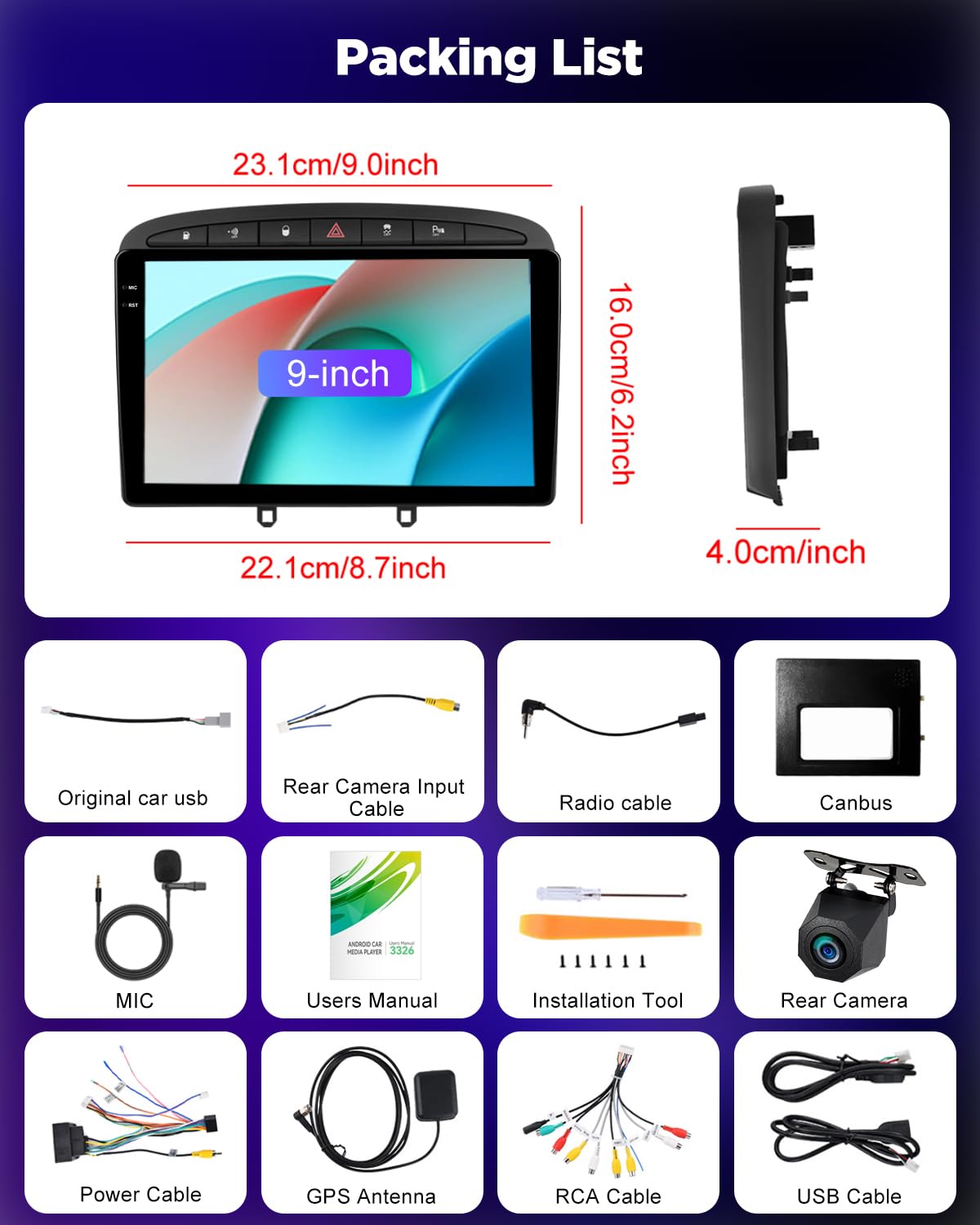 NHOPEEW Autoradio 4+64G Android pour Peugeot 308/408 2007-2013 avec Carplay sans Fil et Android Auto - Écran incell 9 Pouces Prise en Charge WiFi GPS Commandes au Volant + Caméra de recul, Canbus