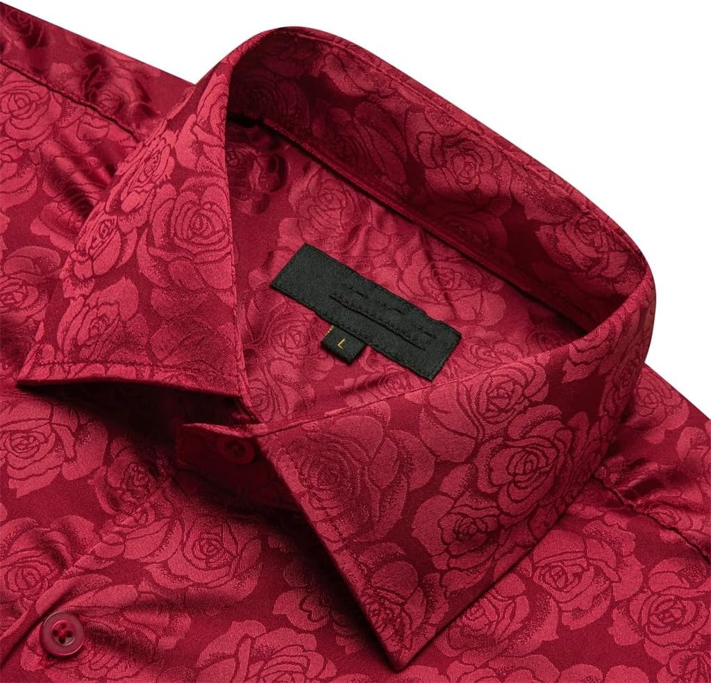 Silk Long Sleeve Burgundy Red Flower Slim Fit Male Blouese Casual Tops Formal