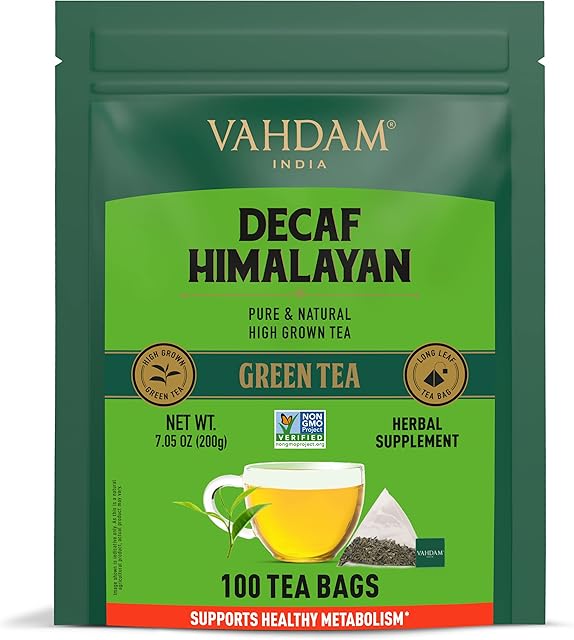 VAHDAM, Decaf Himalayan Green Tea (100 Tea Bags) | 100% Natural Decaf Green Tea | Green Tea Decaffeinated Loose Leaf Tea Bags