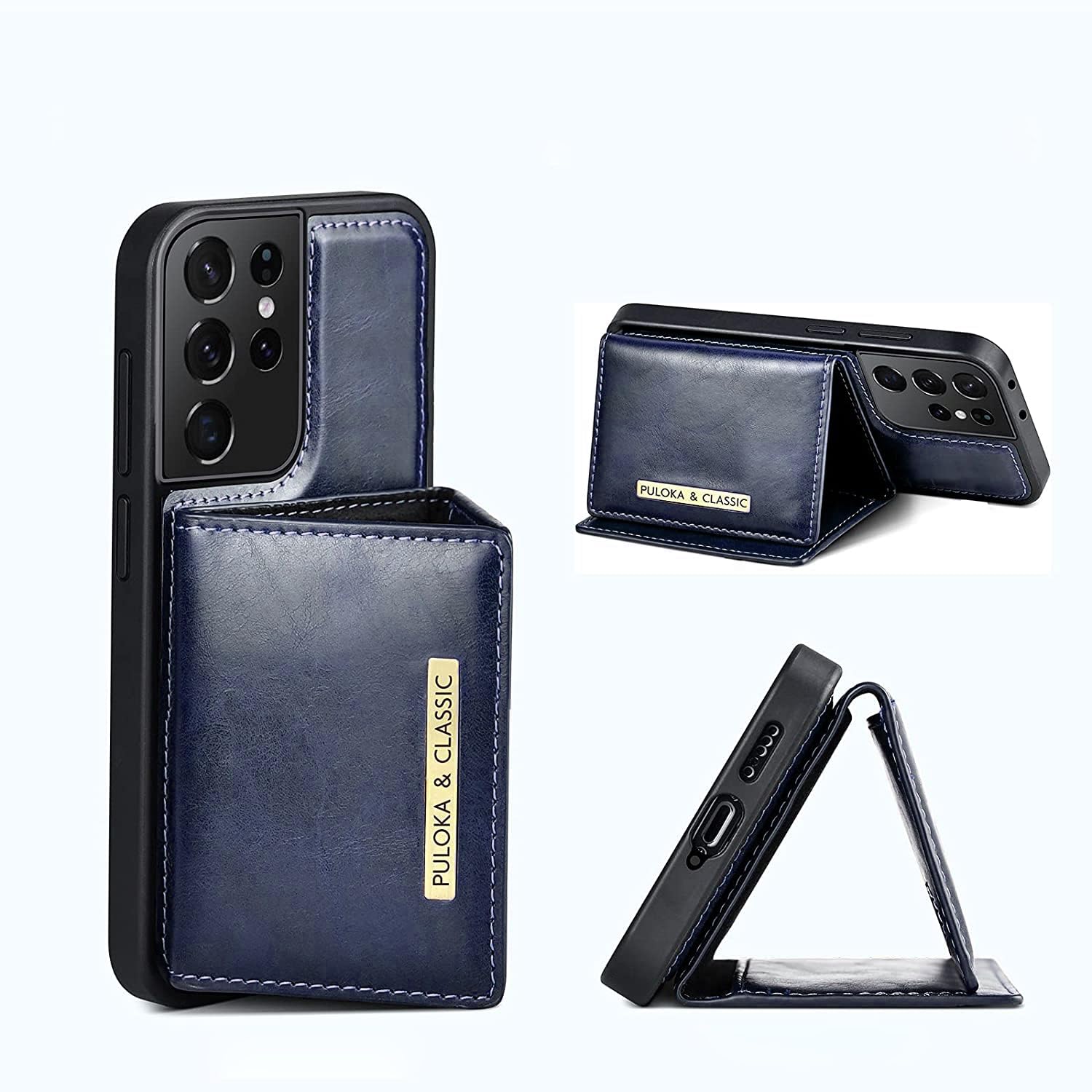 PULOKA Wallet Back Case - Compatible for Samsung S23 Ultra - Vegan Leather Phone Cover - Detachable Card Holder Case with Kickstand - Shockproof, Anti Scratch & Raised Edges for Protection - Blue