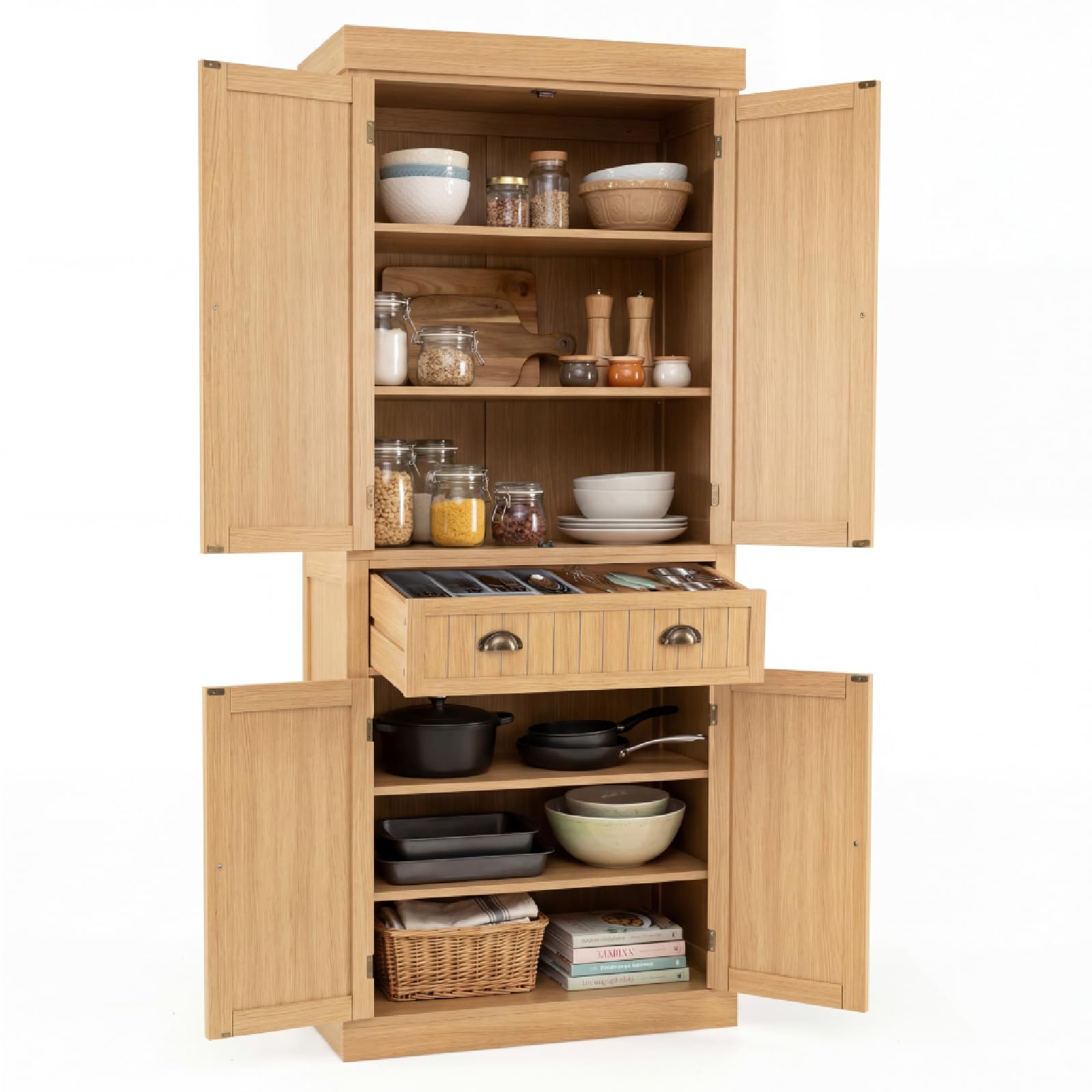 GiantexUK 183cm Tall Kitchen Cupboard, 4-Door Freestanding Pantry Cabinet with Adjustable Shelf, Drawer & Anti-Toppling Device, Wooden Storage Cupboard for Dining Room (without Door Racks, Natural)