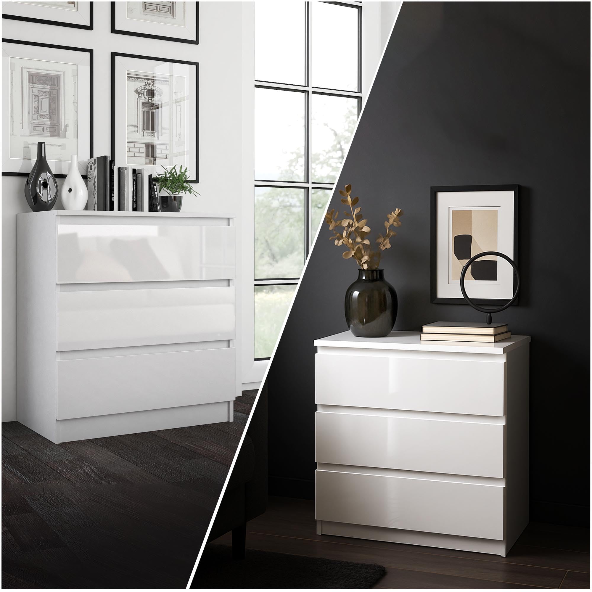 CDF Malwa M3 Commode Blanc Brillant Meuble pour Documents Petit Objet Idéal pour Salon, Chambre à Coucher, Chambre d'enfant, Chambre d'adolescent et Bureau, 3 tiroirs spacieux, Table de Chevet
