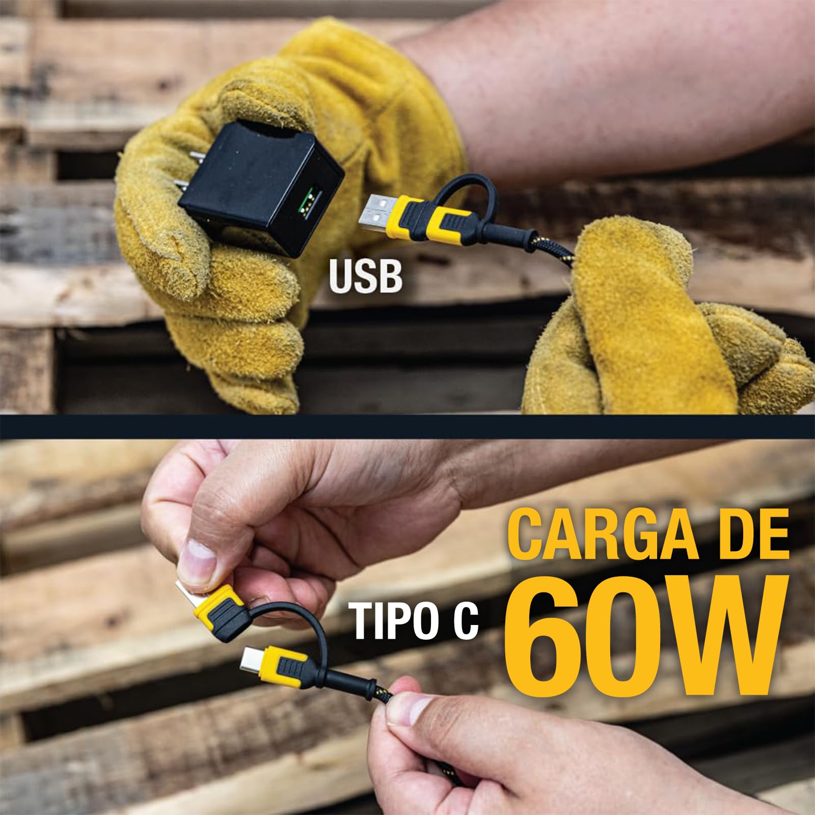 DEWALT Heavy Duty Cable 4-en-1 USB C/Micro USB/USB-A, Cable de Carga para iPhone 17/16/15, iPad, Samsung Galaxy y Android, Cable USB-C Todo en Uno 1,8 m Kevlar (Negro)