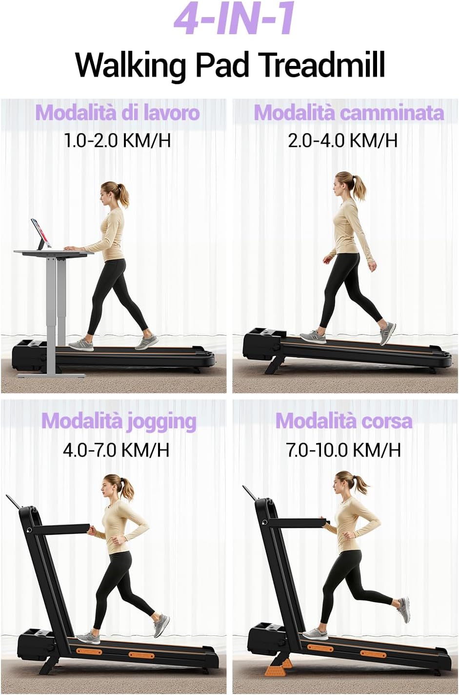 Image showing four different usage modes for the CURSOR FITNESS U17 treadmill: working, walking, jogging, and running, with corresponding speed ranges.