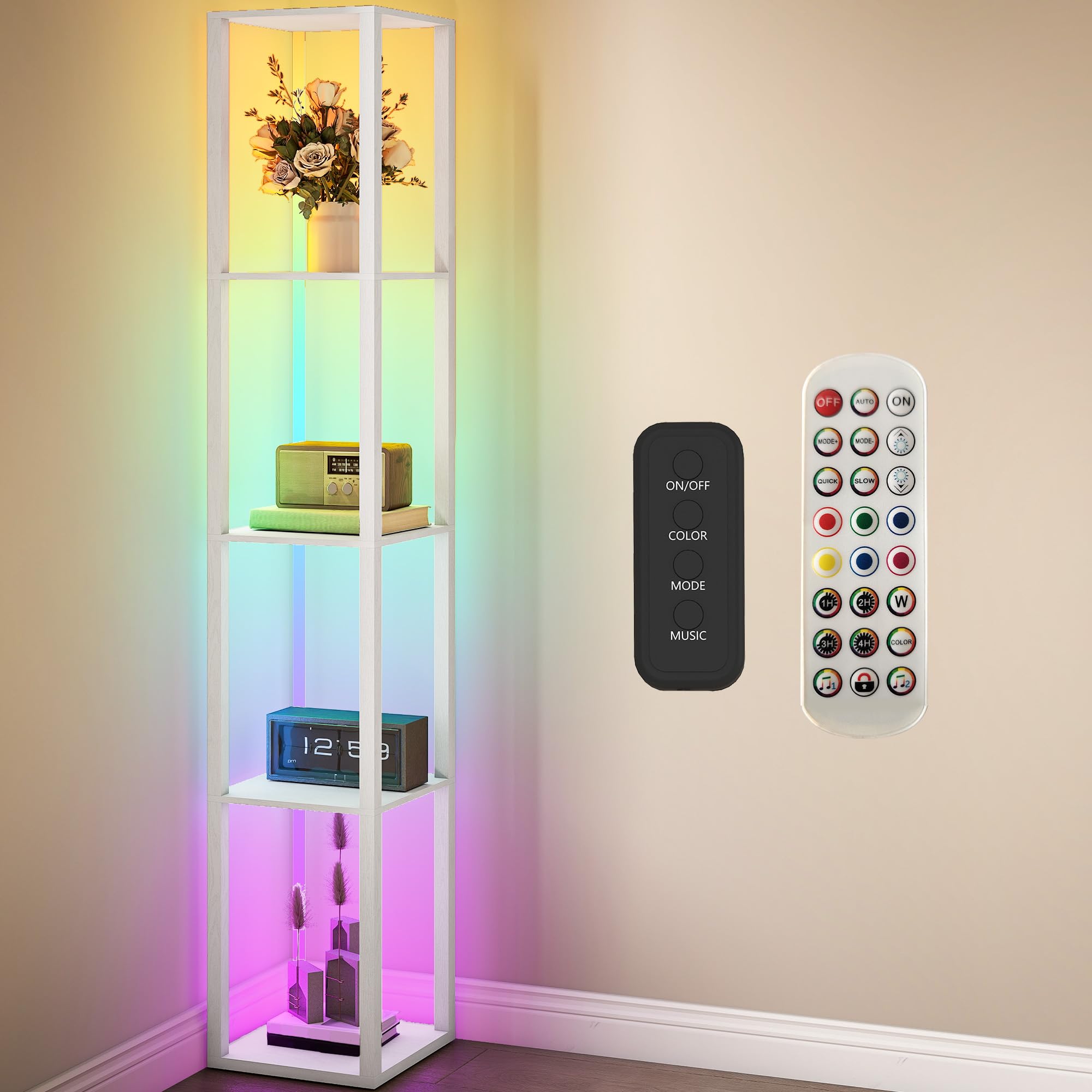 HOMCOM 4 Shelf Floor Lamp - White RGB LED with Remote Control - Modern & Space-Saving