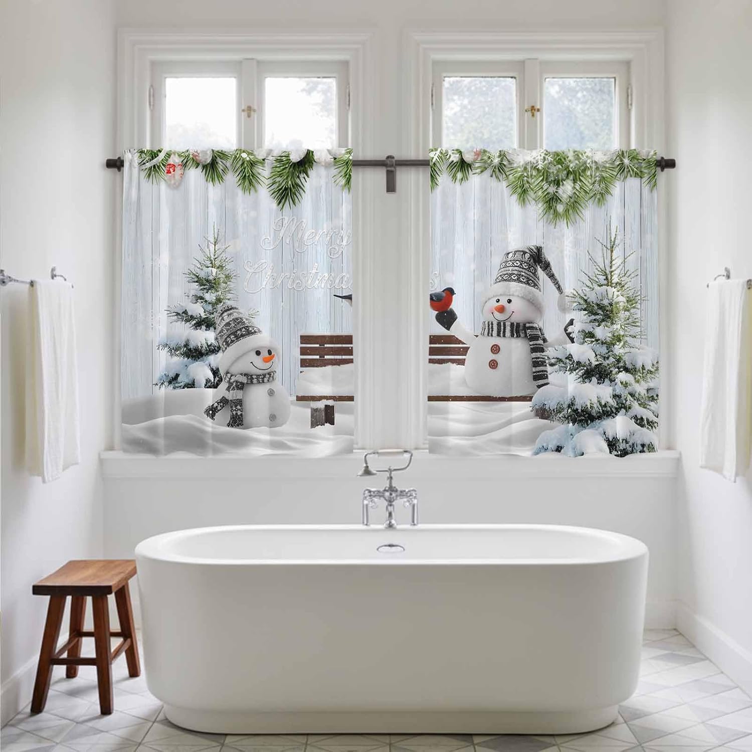 Christmas Snowman Kitchen Tier Curtains 45 Inch Long 2 Panel Set,Rod Pocket Short Window Treatment,Xmas Pine Tree Cardinal Birds Snowy Curtains & Drapes for Bathroom Basement 27.5"W x 45"L