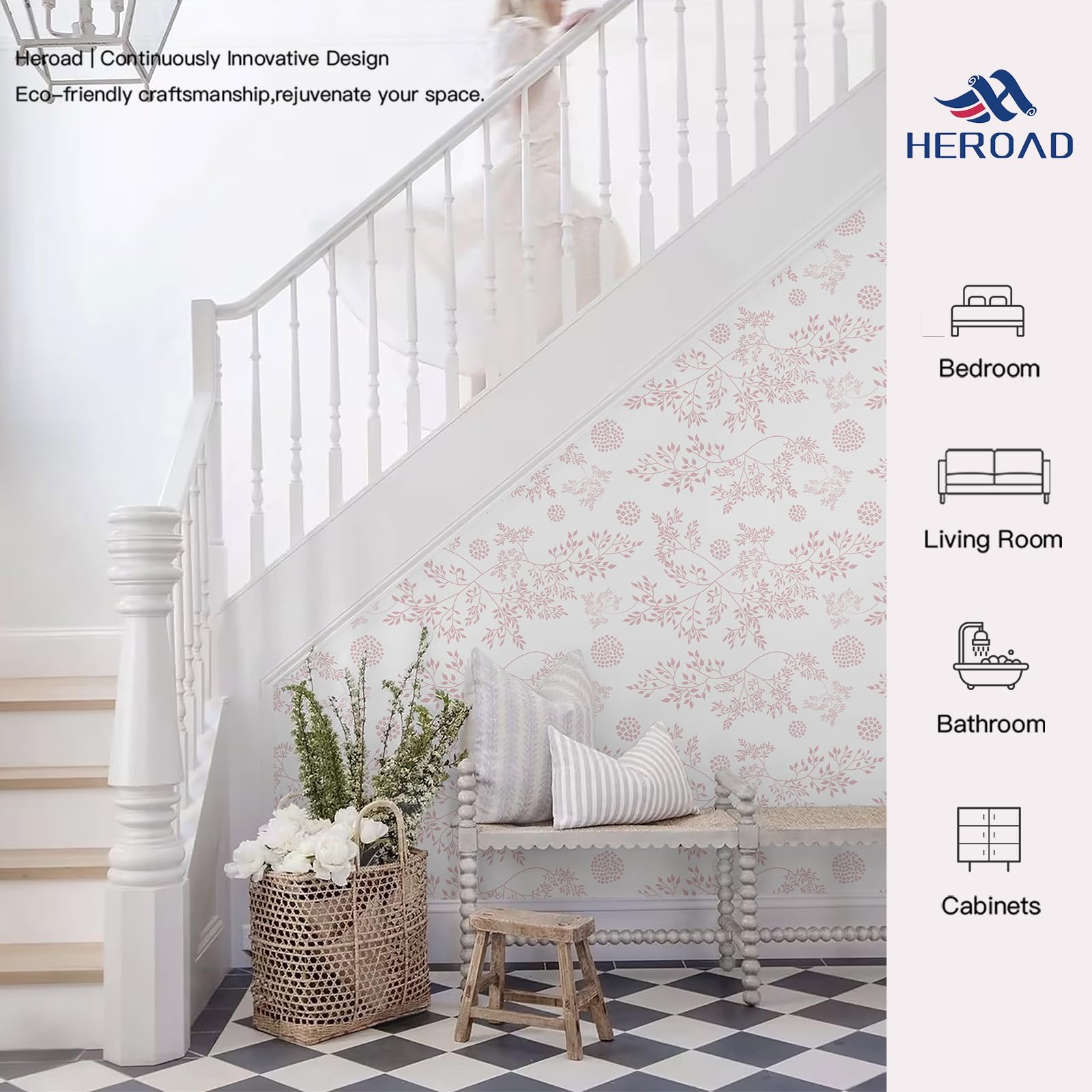 Caltero Boho Floral Wallpaper, Peel & Stick, Large, Self-Adhesive, Removable, 17.71"x394