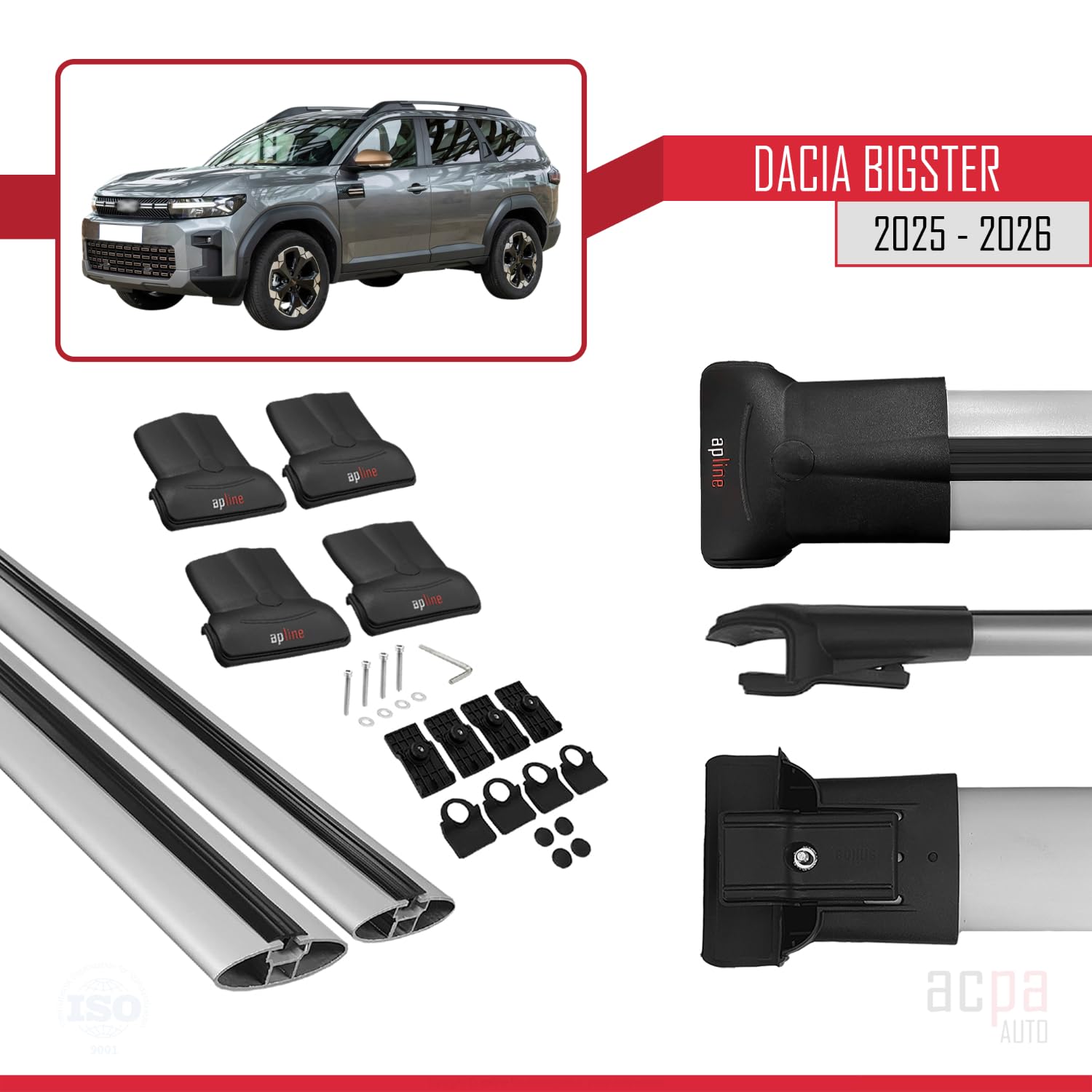 Compatible con Dacia Bigster 2025-2026 Fly Model Barras de Techo Auto Portaequipajes Barras Transversales Gris Aluminio 2 Barras