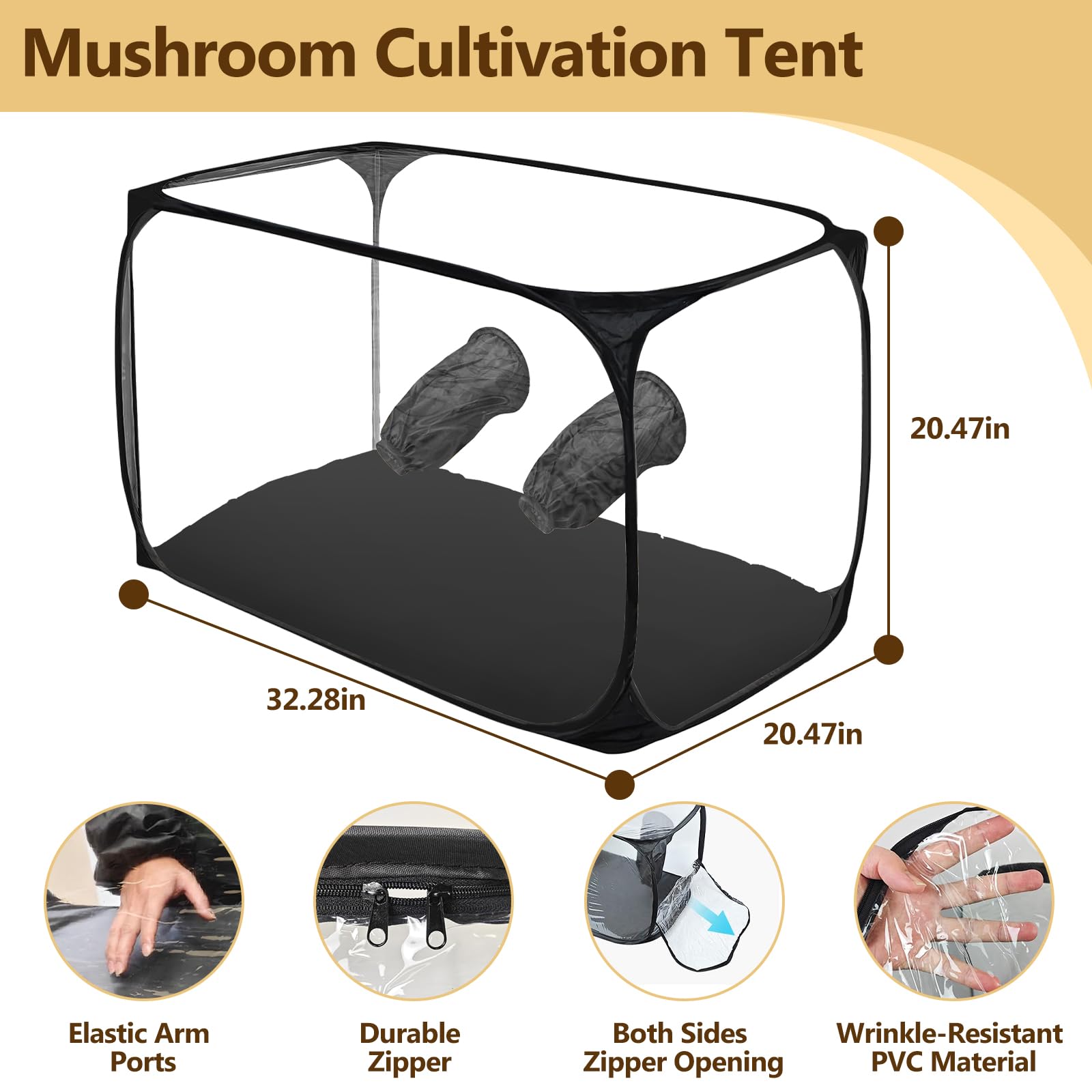 Tienda de cultivo de hongos grande de 82 x 52 x 52 cm, caja de cultivo de setas, caja de cultivo de hongos con caja de aire silenciosa, tienda de cultivo portátil y plegable con dos aberturas para
