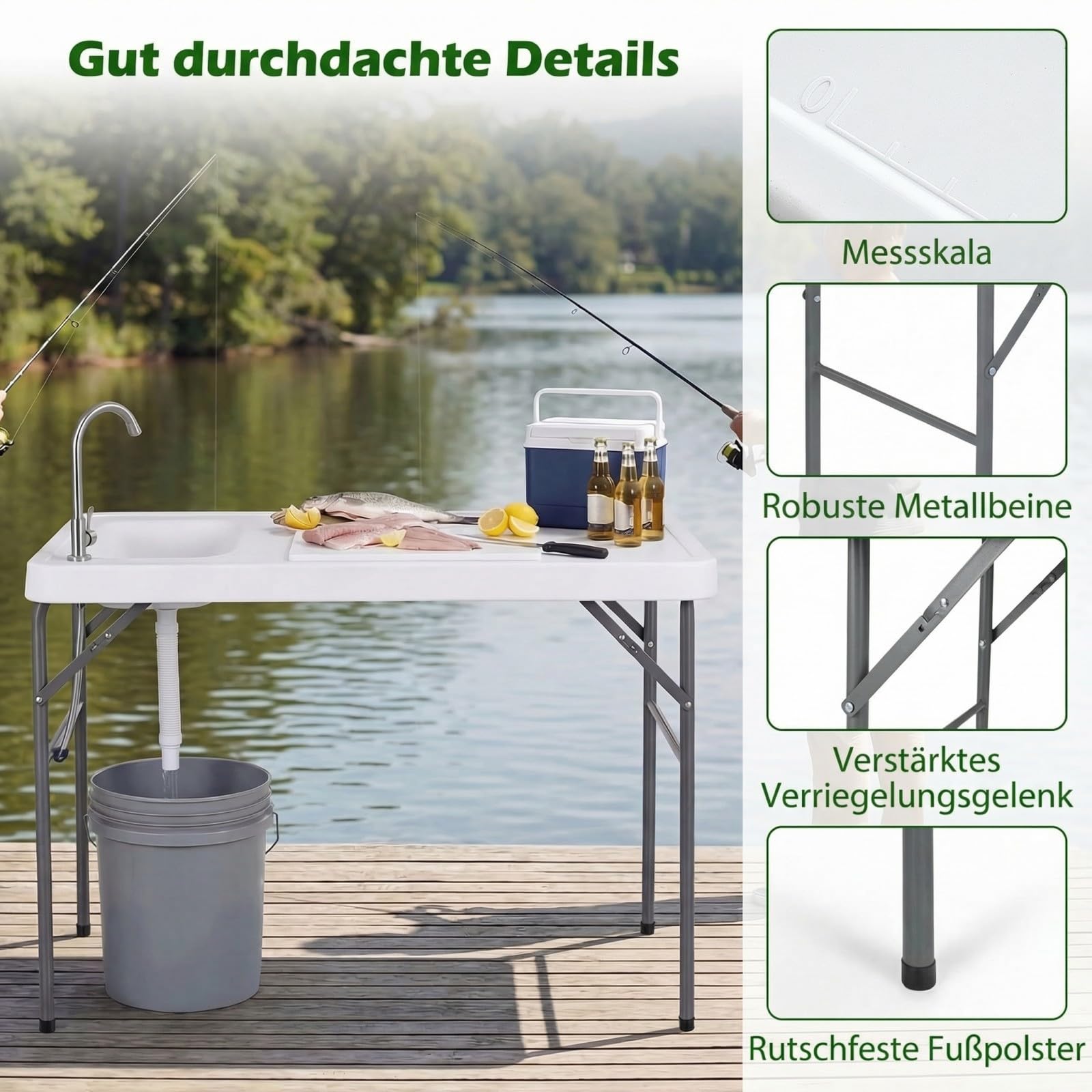 COSTWAY Fischreinigungstisch klappbar, Filetiertisch mit Spüle, Wasserhahn & Messskala, Campingtisch für Garten, Terrasse & zum Angeln, 104 x 59 x 76 cm, Weiß
