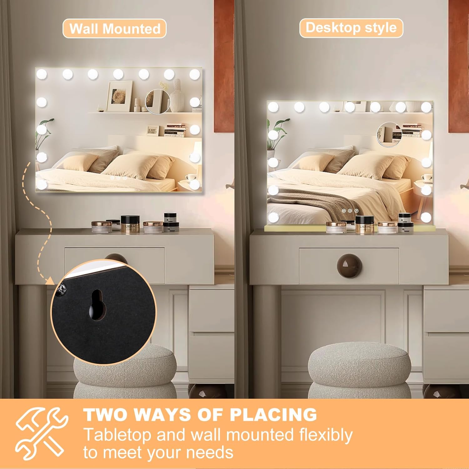 Moonee Vanity Mirror with Lights, Gold Hollywood Lighted Makeup Mirror with 15 Dimmable Bulbs and 10X Magnification, 3 Colors Modes, Aluminum Metal Frame, Light Up Mirror for Tabletop/Wall（23" x 18"）