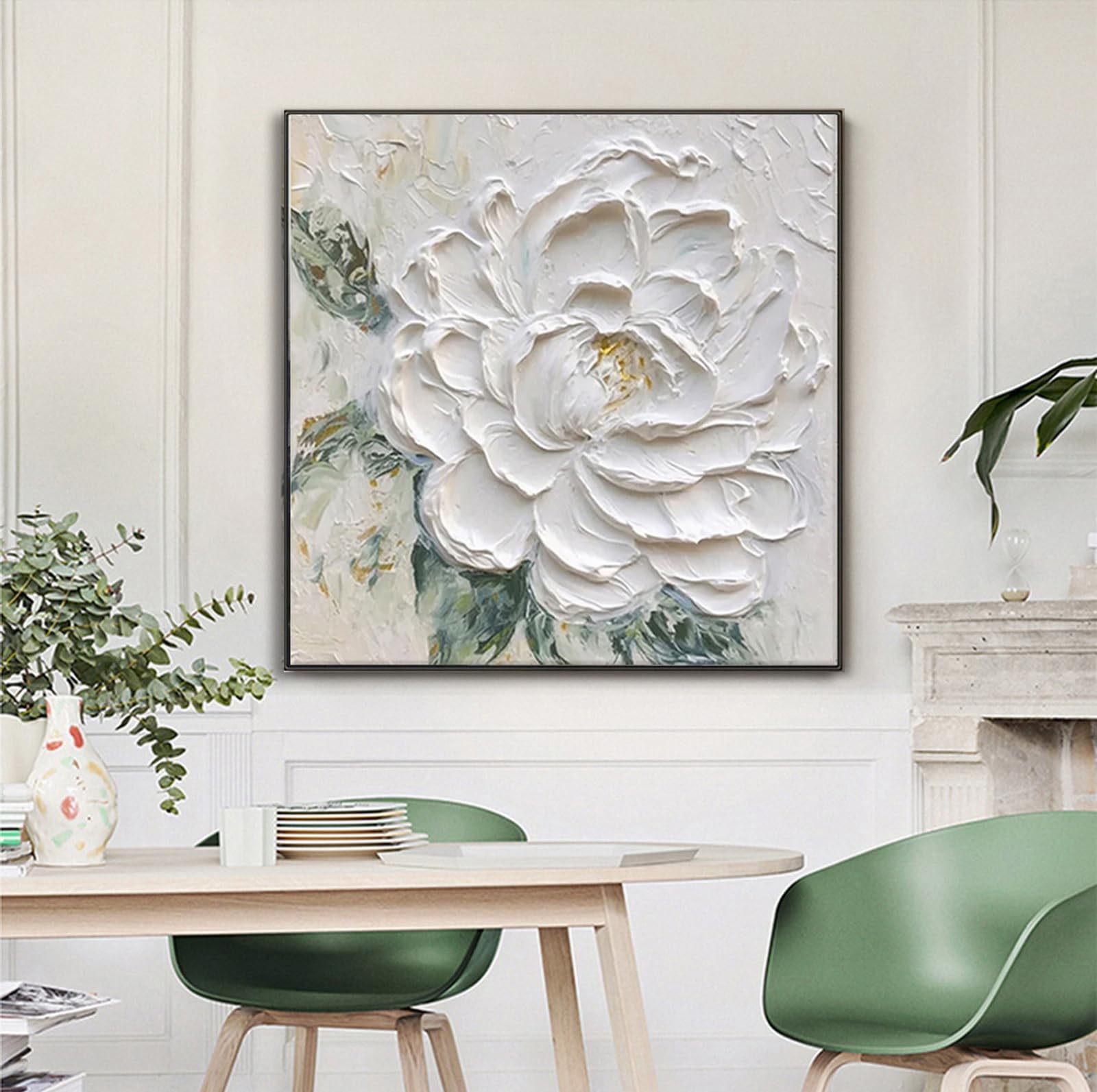 hand painted white flower oil painting for kitchen, large 3d floral canvas wall art for living room, framd modern wall decor for bedroom,office home decor 32" x 32"