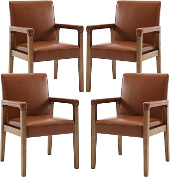LZAREAL Mid Century Modern Dining Chairs Set of 4 Faux Leather Upholstered Living Room Side Chair, Kitchen Arm Chair with Solid Wood Legs for Home Kitchen & Restaurant, PU Brown