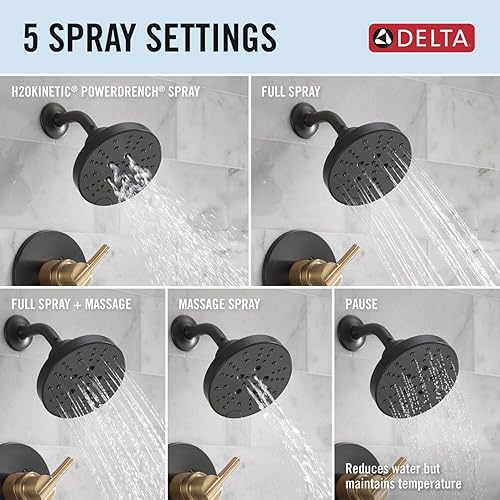 Miniatura 7 de Delta Faucet Nicoli Serie 14 - Grifo de ducha de un solo mango, kit de molduras de ducha con cabezal de ducha H2Okinetic de 5 pulverizaciones, negro