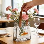 Noamus Glass Bag Vase for Flowers, Unique Purse Vases with Leather Handle, Decorative Wrinkle Handbag Shape Vase, Handmade Clear Fish Bowl for Centerpieces, Home Office Garden Wedding, Farmhouse Decor