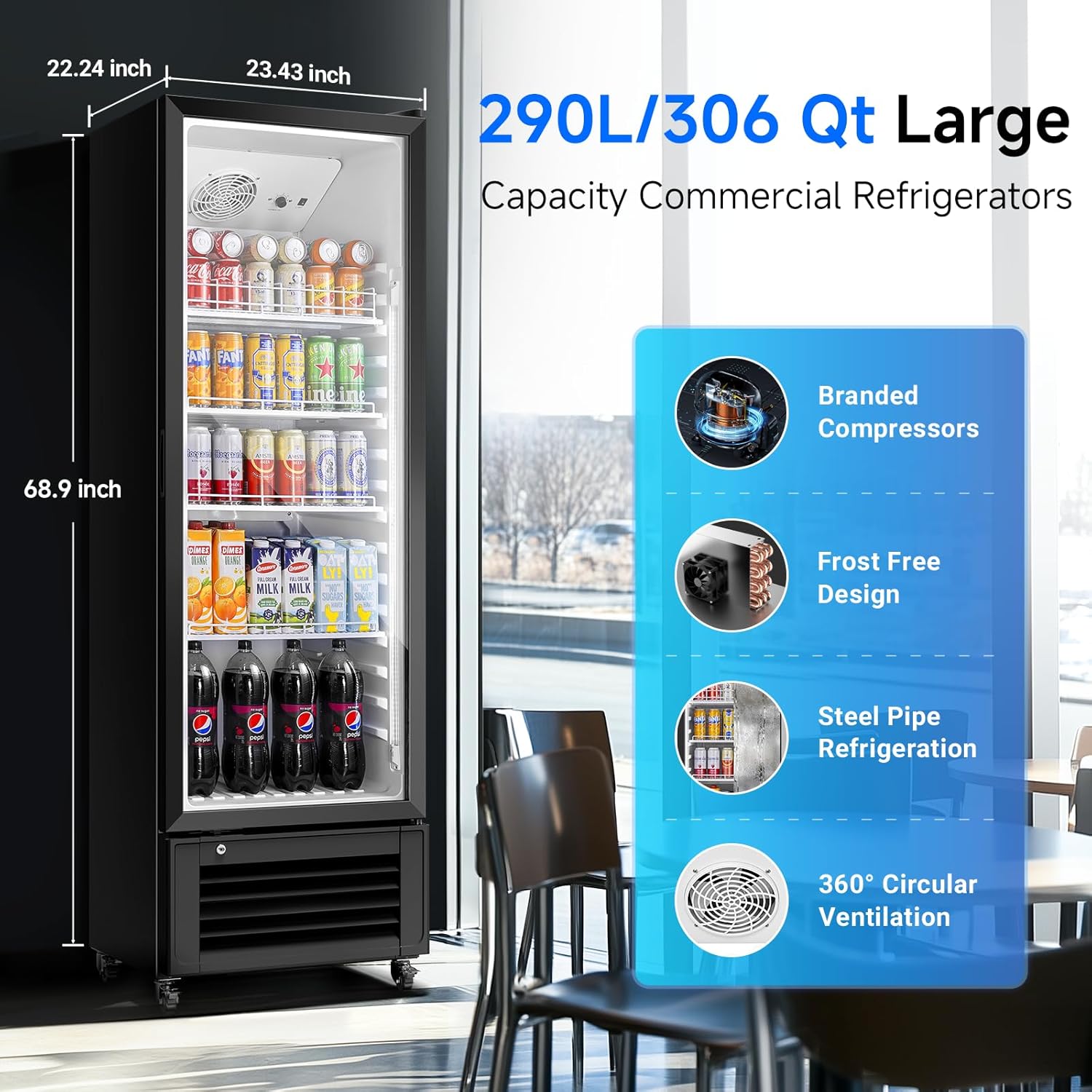 BODEGACOOLER Beverage Refrigerator, 290L/306 Qt Commercial Refrigerator For Kitchen, Home,Office and Garage, 264 Cans & 120 Bottles Display Refrigerator For Beer,Soda, Bar Cooler with Soft LED Light.