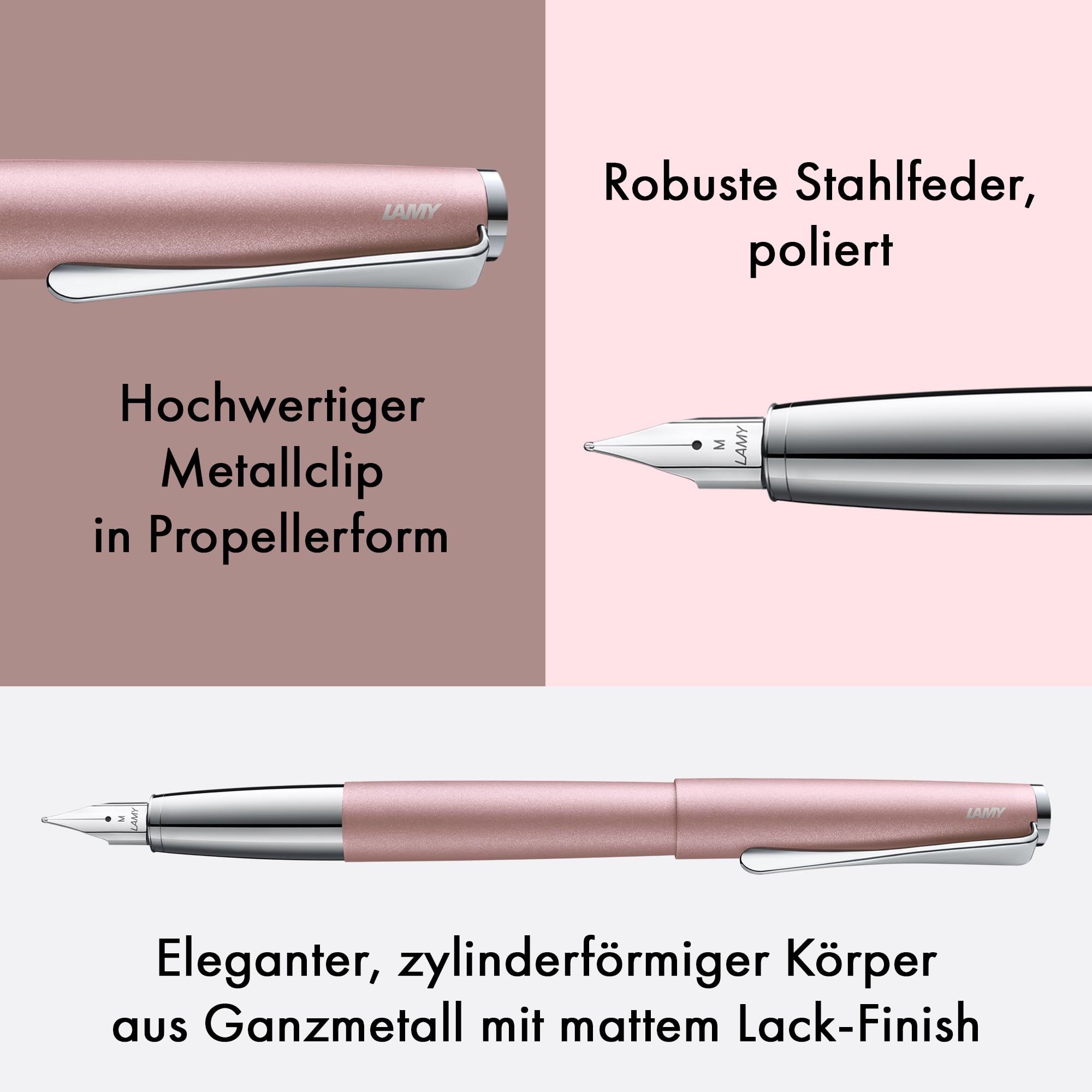 Lamy studio rose matt Füller in Strichbreite M | Lamy Füller in elegantem Gehäuse aus Ganzmetall – mit propellerförmigem Clip & Stahlfeder – inkl. Tintenpatrone T 10 blau