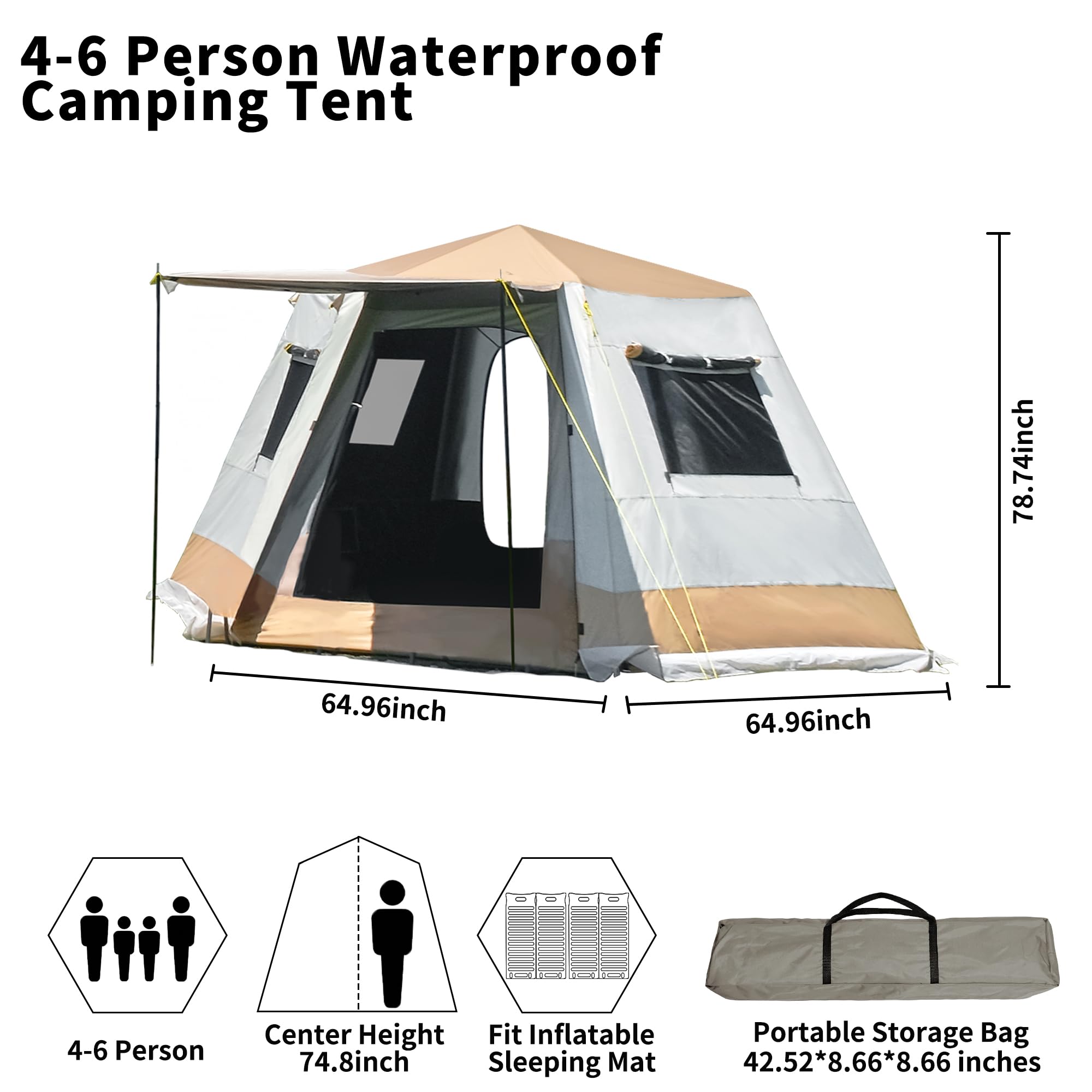EULANT 4-6 Person Waterproof Family Camping Tents with Quick Up System,Dome Ventilate Camp Tents for Outdoor Camping Hiking & Traveling Picnic 3.3x3.3x2m