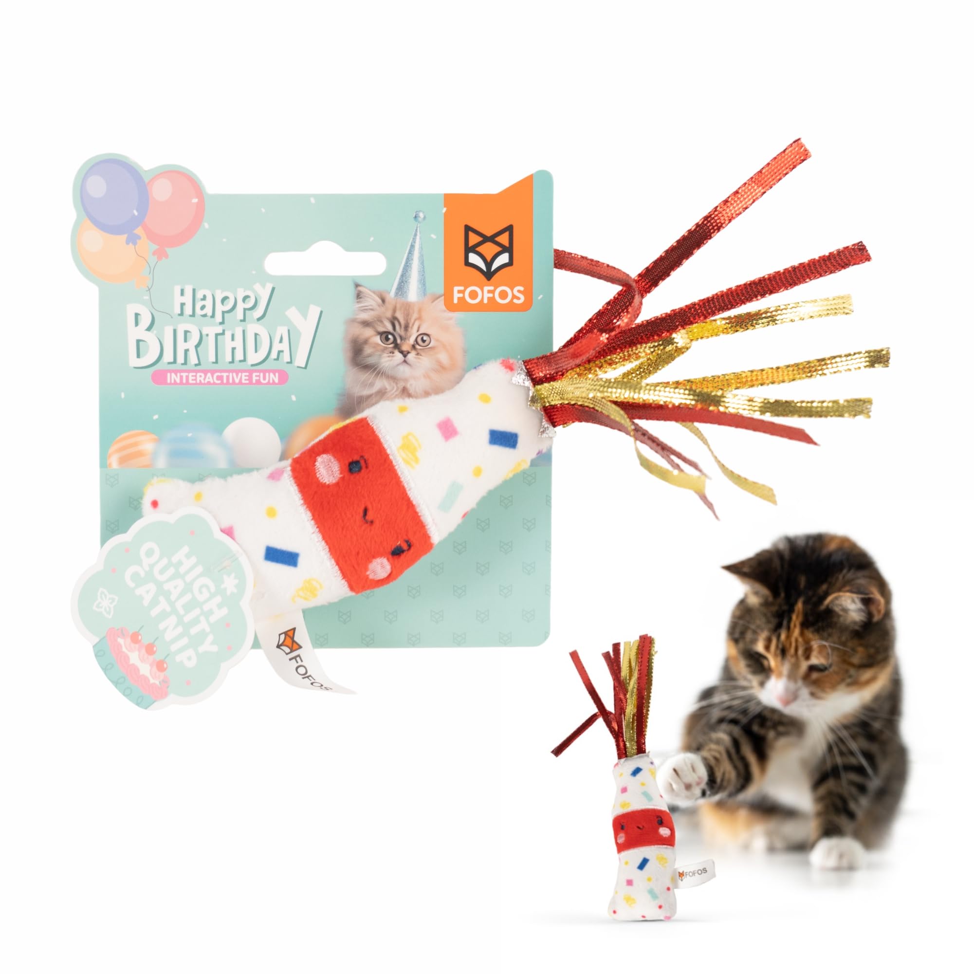 BarkButler x Fofos Birthday Drink Cat Toy - US Grade Organic Catnip, Multicoloured Textured Toys for Cats, Cat Accessories with Super Soft Fabrics & Ribbons - Perfect as Kitten Toys, Cat Toys