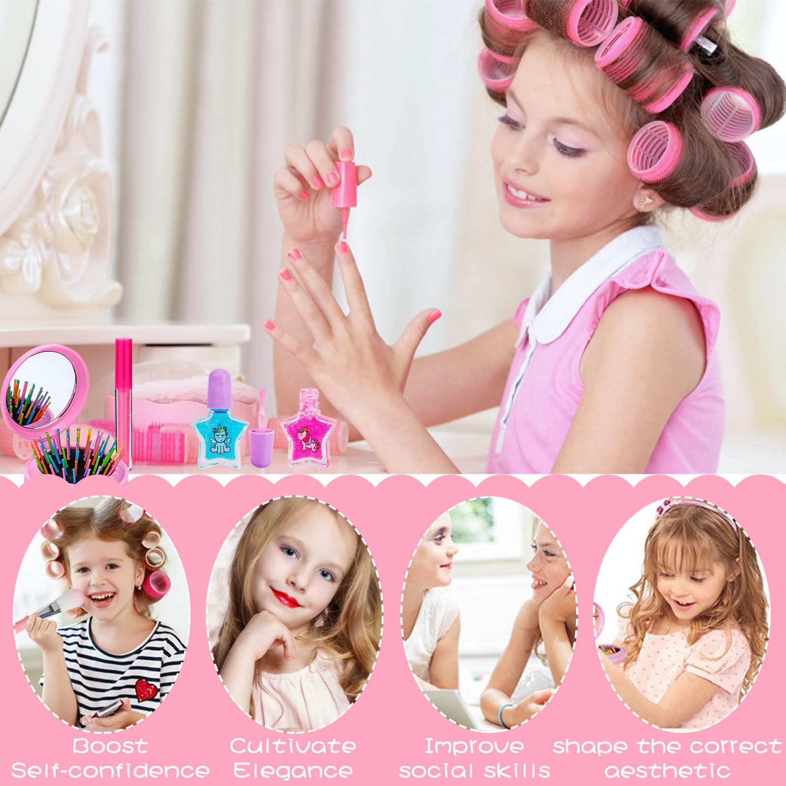Set Trucchi Bambina 38pcs, Sicuro, Atossico e Lavabile, Anallergico, Trousse per Giochi Bambina, Regalo di Natale e Compleanno per Bambine 4-10 Anni