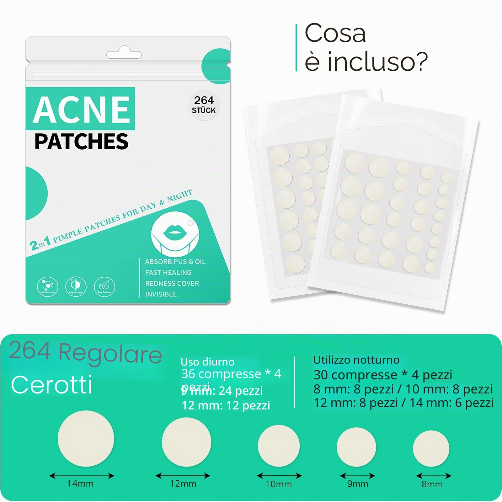 264 Pezzi Patch Brufoli Cerotto Brufoli Idrogel Pimple Patch Giorno e Notte Della Acne Patch 2-In-1 Cerotti Per Brufoli Impermeabile e Traspirante Invisibile Cerotti Brufoli Viso