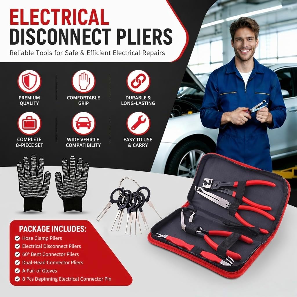 6 Pieces Electrical Disconnect Pliers for Cars, Automotive Electrical Plug Connector Disconnect Tool and Hose Clamp Pliers and Connector Separator
