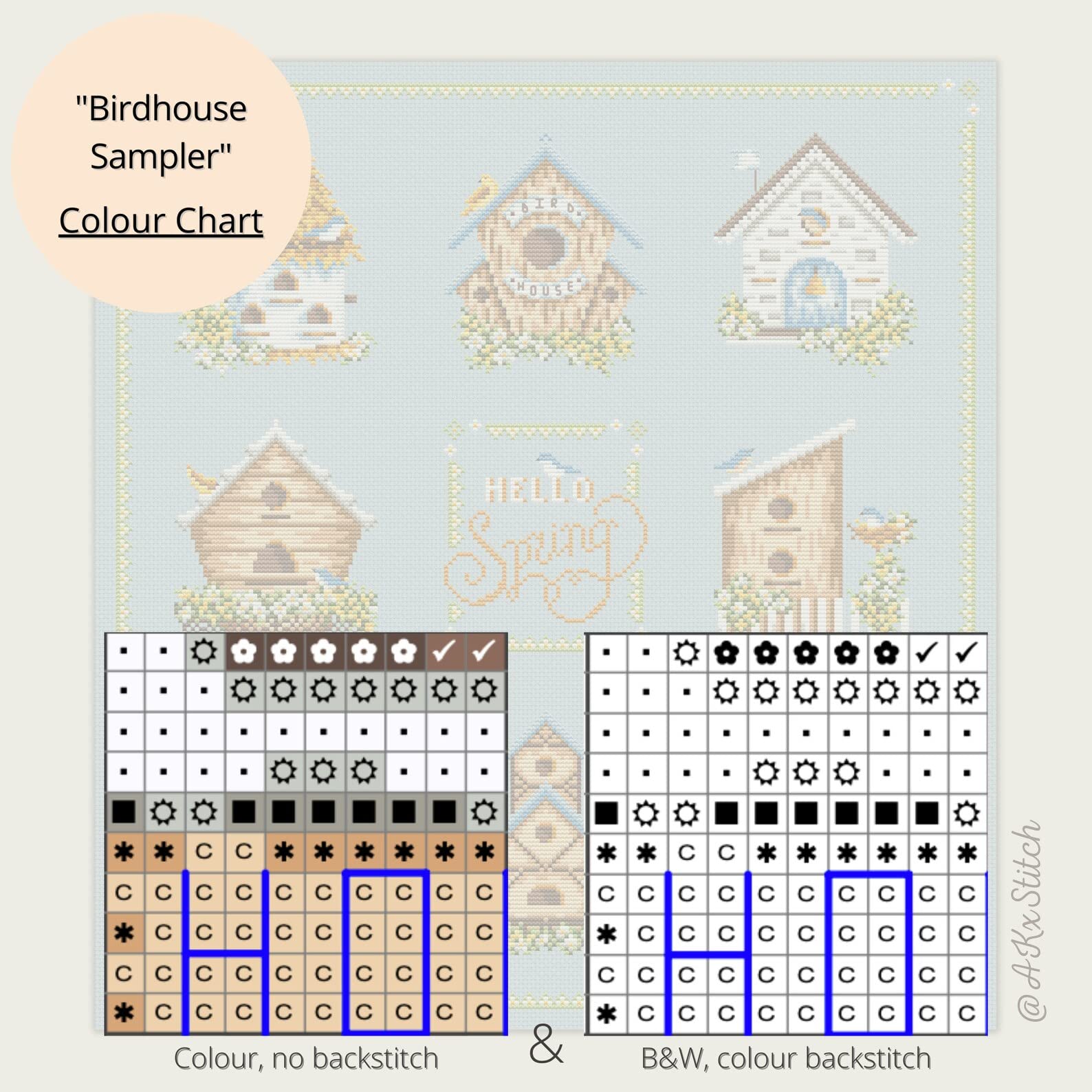 Birdhouse Sampler - Juego completo de punto de cruz con hilos DMC y tela, patrón de bordado floral de primavera con nidos de pájaros, pájaro cantor de teta de golondrina, lindo folk primitivo