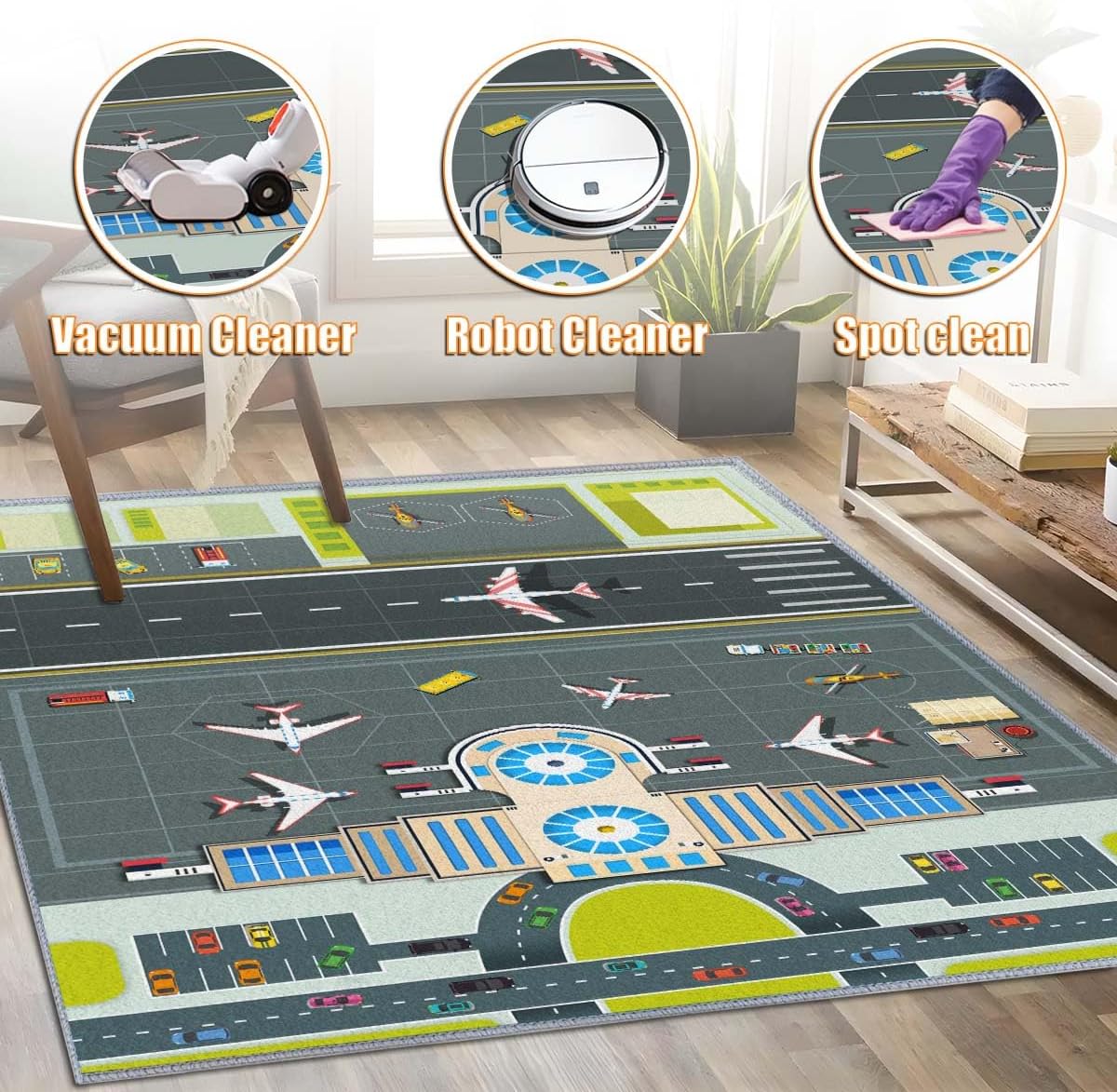 Kids Rug,Children's Room Rug, Fun Airport Kids Play Mat,Aerodrome Traffic System Playmat Carpet, Rail City Living Carpet, Washable Non-Slip Children's Mat (Airport, 31x47in)