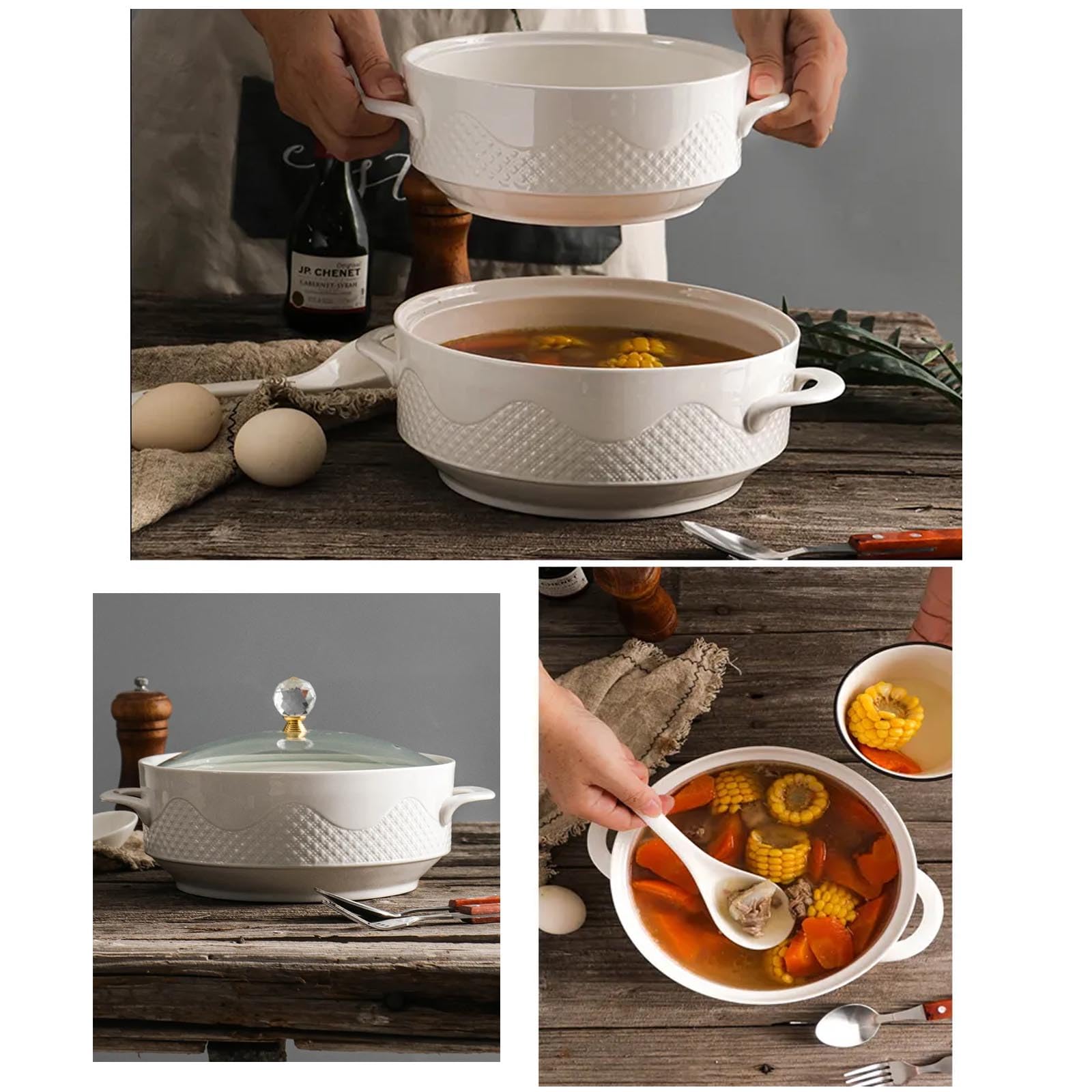 Soupière en céramique avec Couvercle et louche, Bol de Service créatif à Double poignées, Vaisselle élégante pour soupes, ragoûts,1600ML